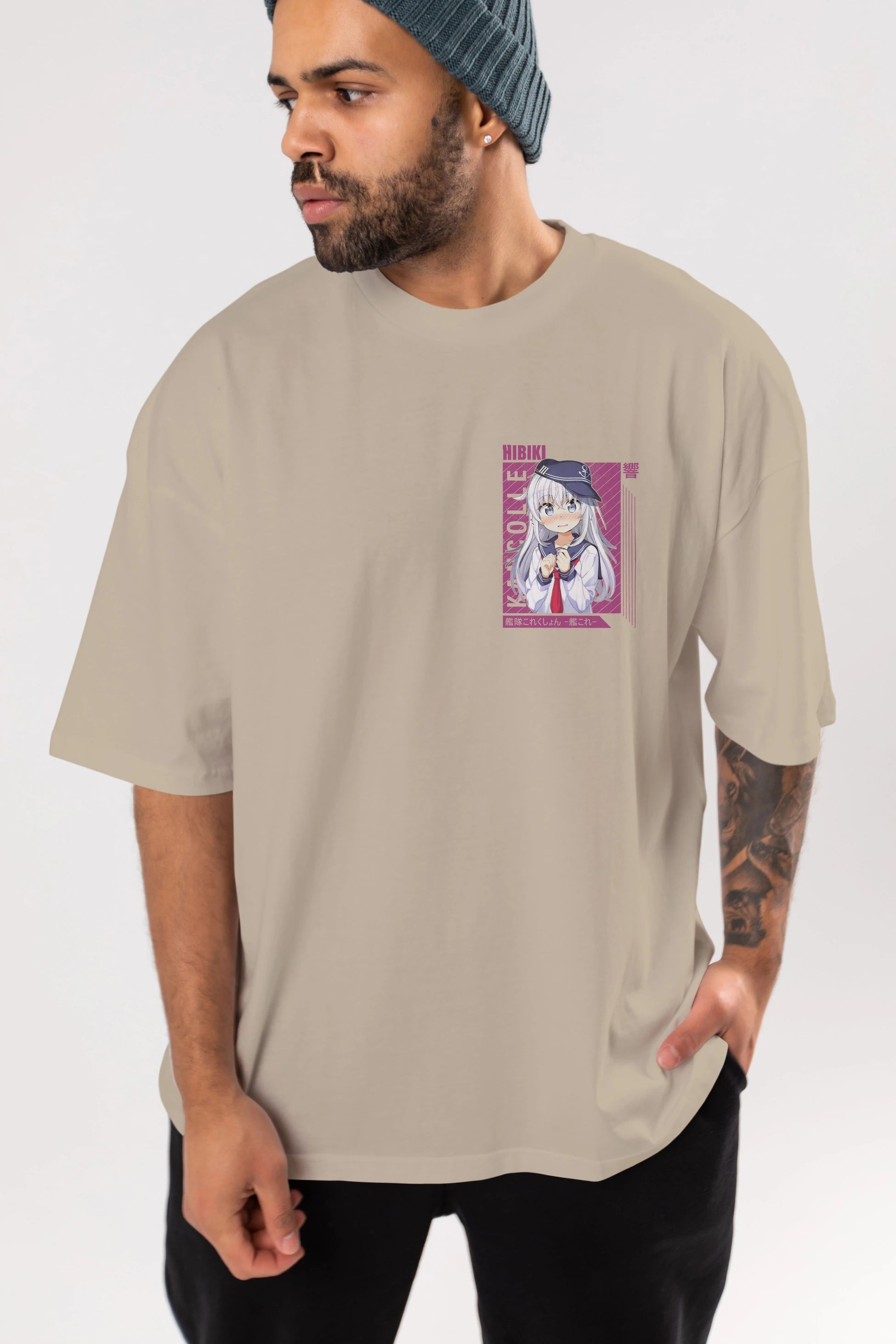 Hibiki 4 Ön Sol Baskılı Oversize t-shirt Erkek Kadın Unisex %100 Pamuk Bisiklet Yaka tişort