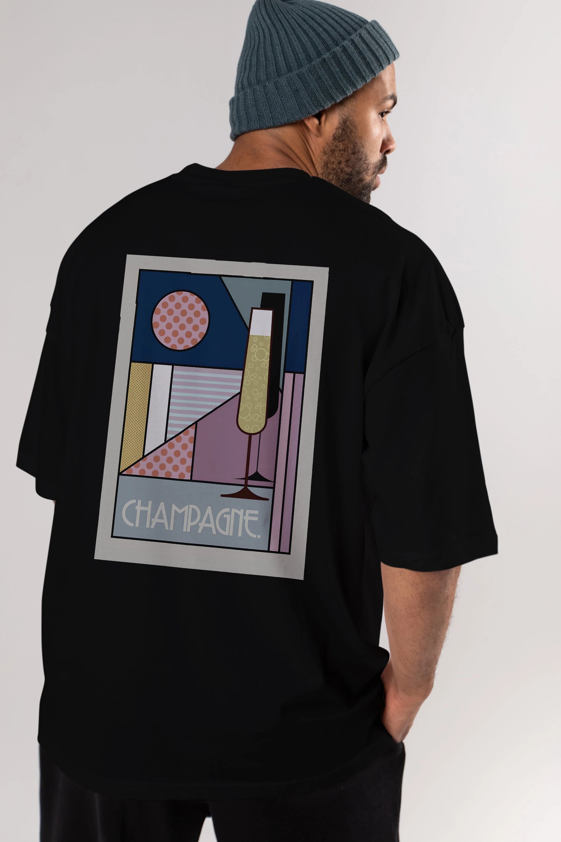 Champagne Arka Baskılı Oversize t-shirt Erkek Kadın Unisex %100 Pamuk Bisiklet Yaka tişort