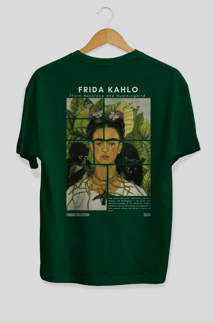 Frida Kahlo Arka Baskılı Oversize t-shirt Erkek Kadın Bisiklet Yaka Pamuk tişort