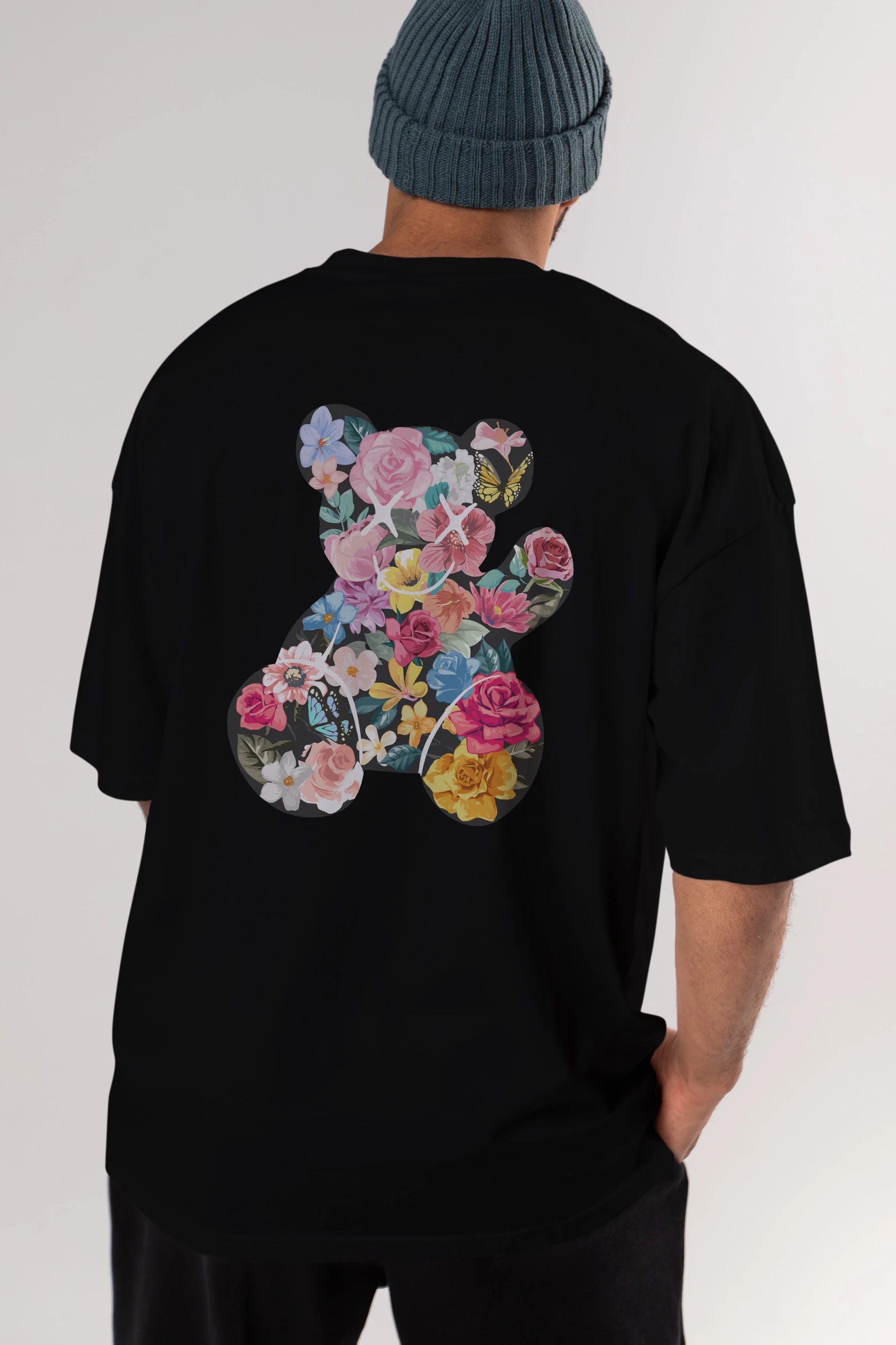 Flowers Bear Arka Baskılı Oversize t-shirt Erkek Kadın Unisex