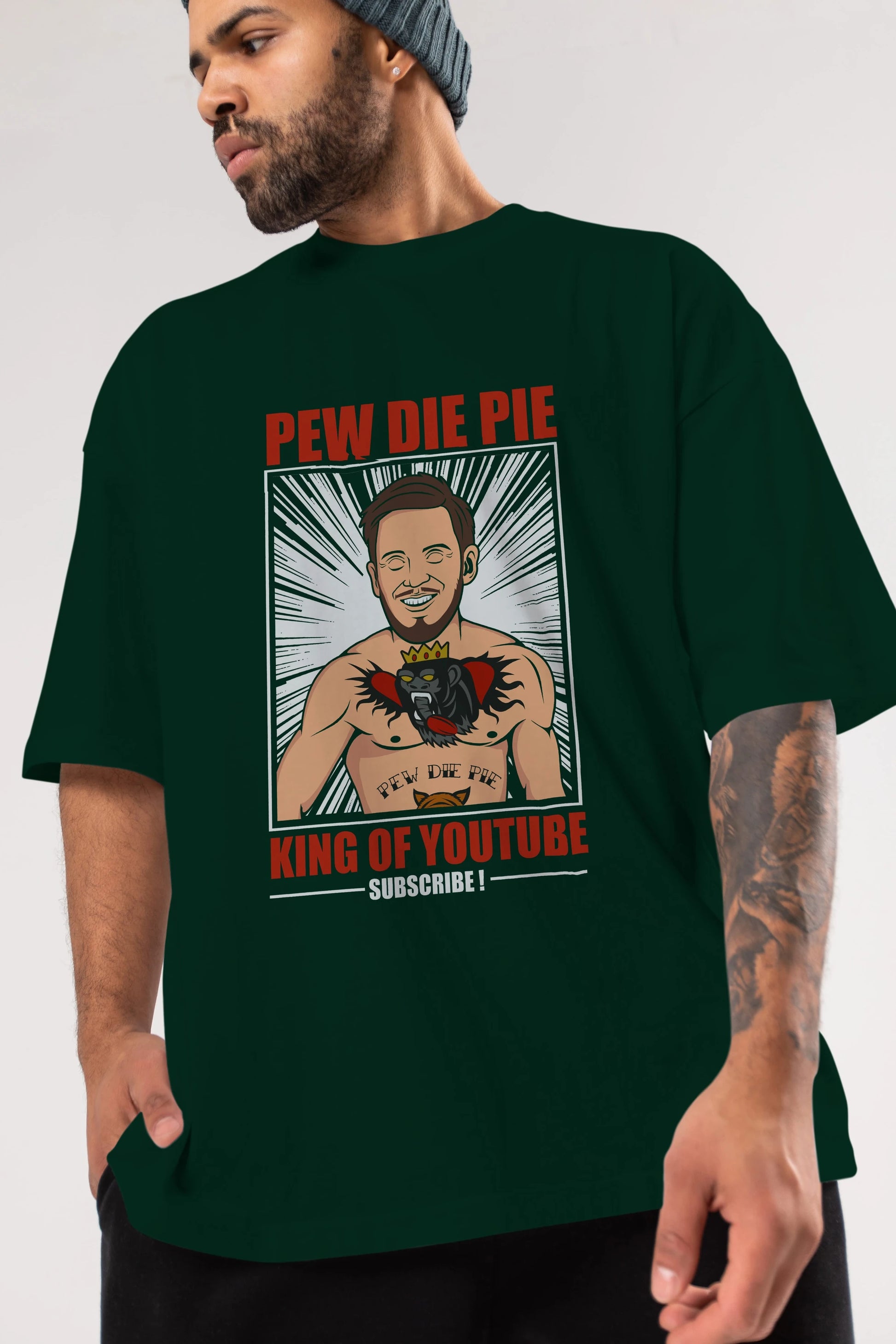 Pew Die Pie Fighter Ön Baskılı Oversize t-shirt Erkek Kadın Unisex %100 Pamuk tişort