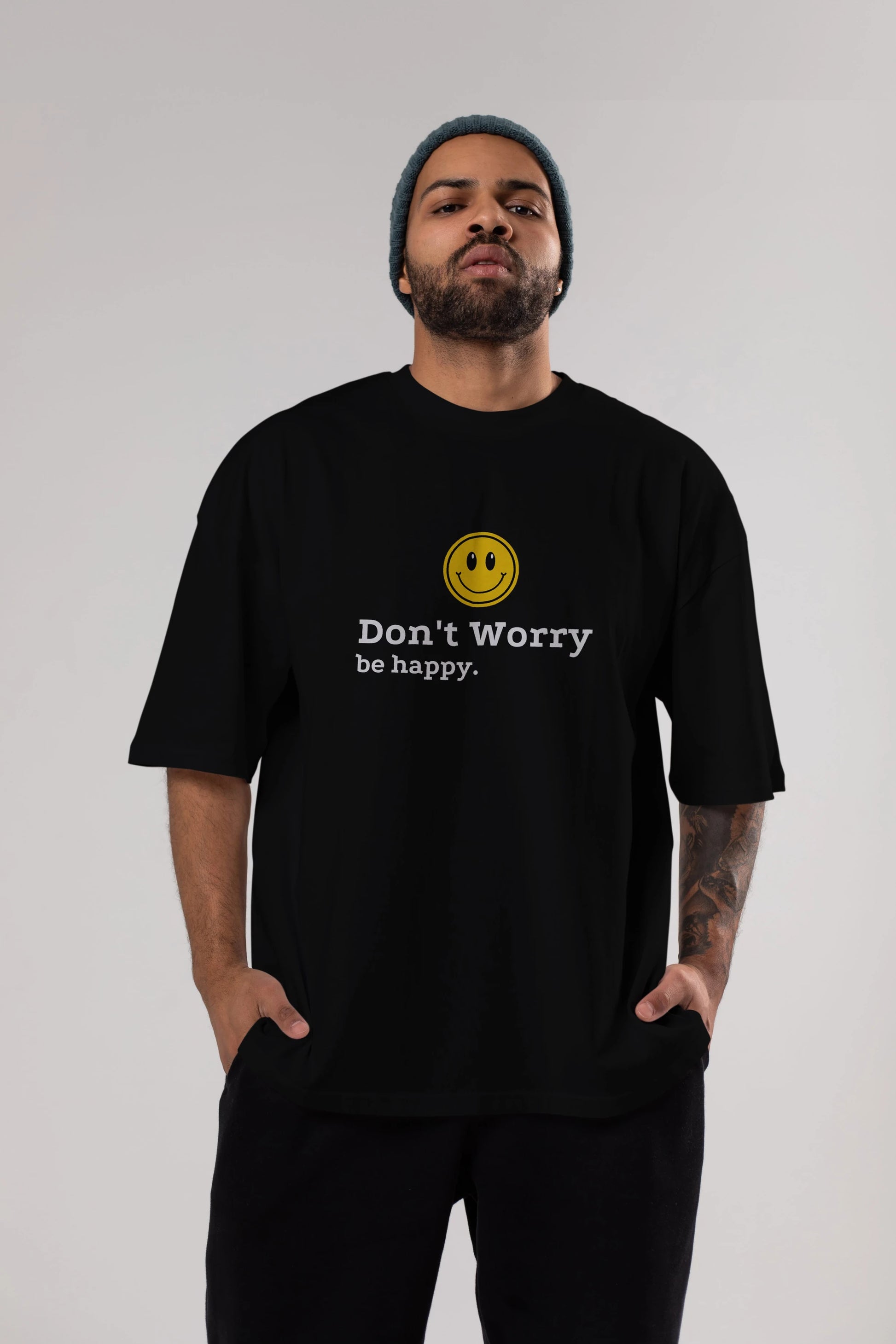 Don't Worry Be Happy Yazılı Ön Baskılı Oversize t-shirt Erkek Kadın Unisex