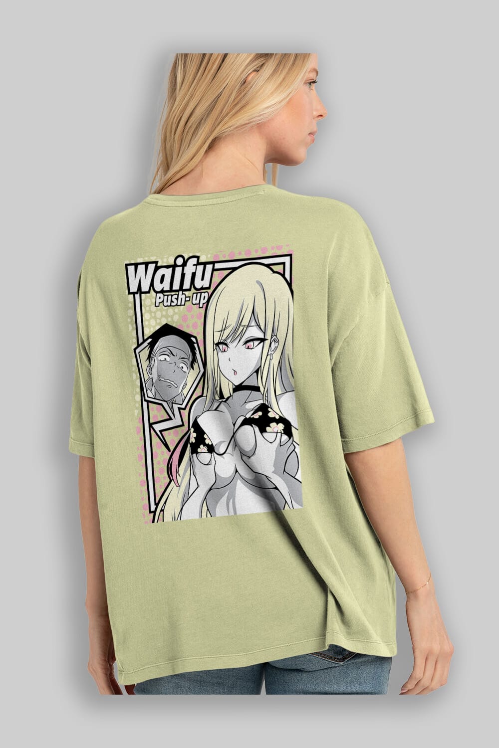 Waifu PushUp Anime Arka Baskılı Oversize t-shirt Erkek Kadın Unisex