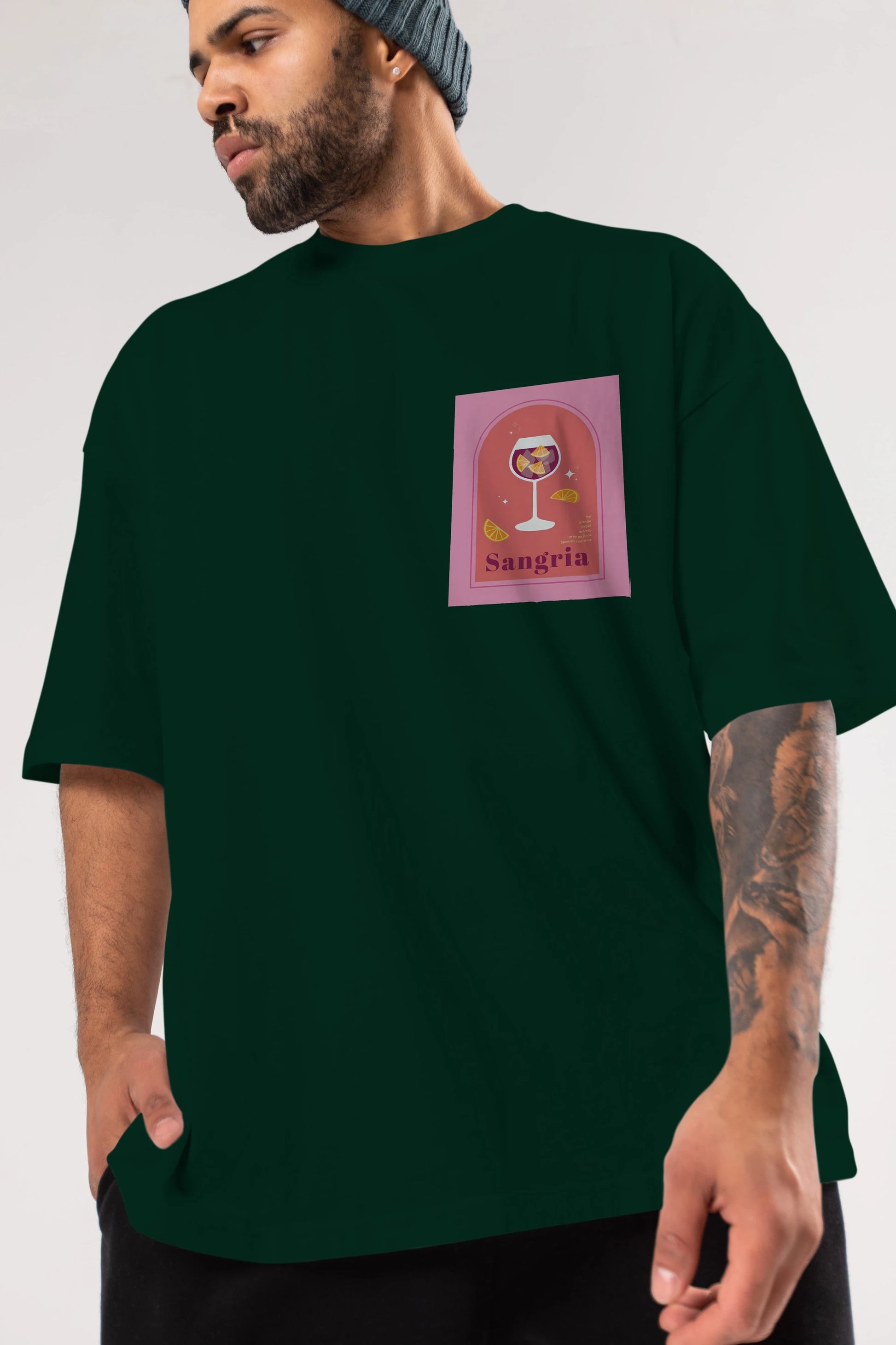 Sangria Ön Sol Baskılı Oversize t-shirt Erkek Kadın Unisex %100 Pamuk Bisiklet Yaka tişort