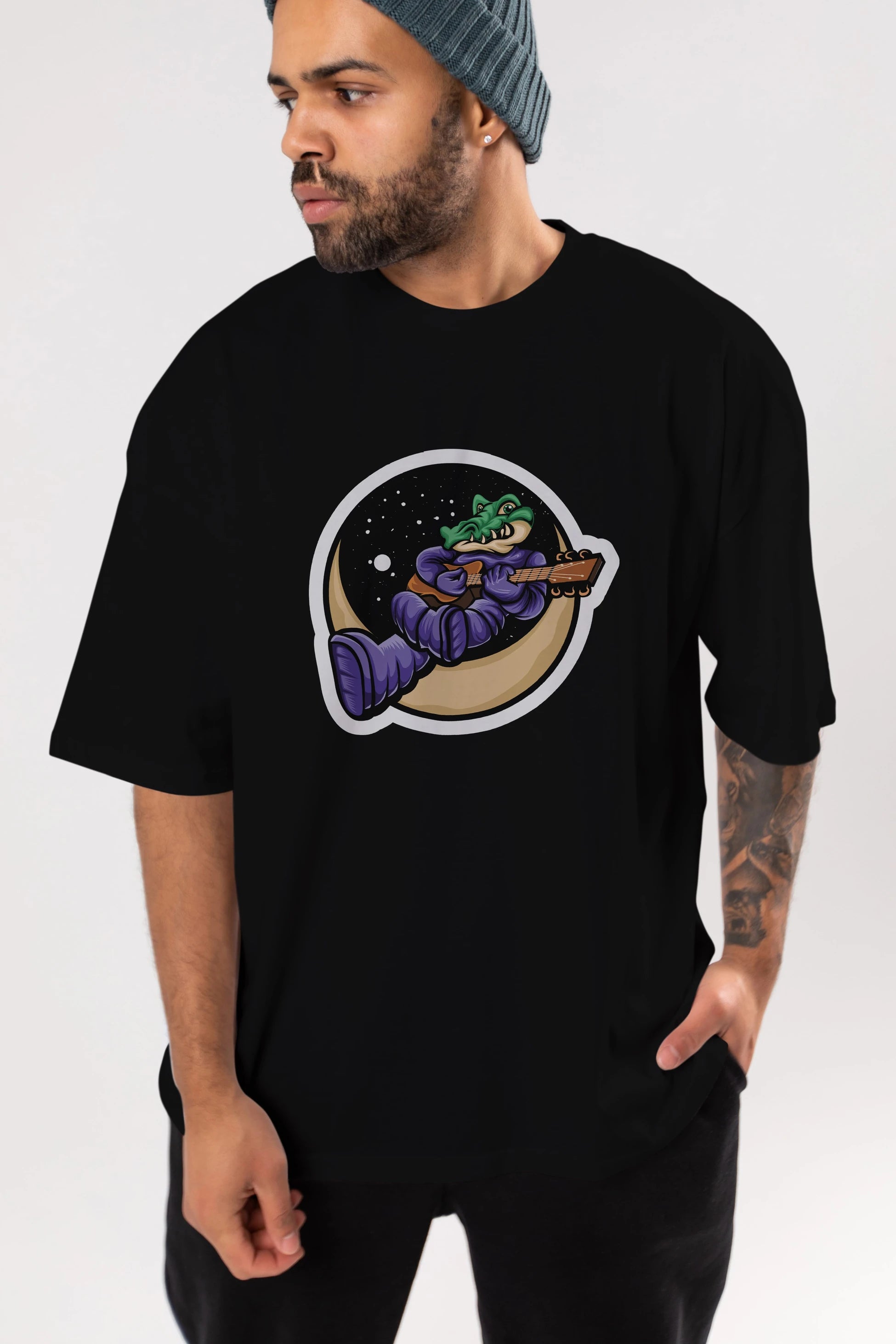Space Crocodile Sticker Ön Baskılı Oversize t-shirt Erkek Kadın Unisex