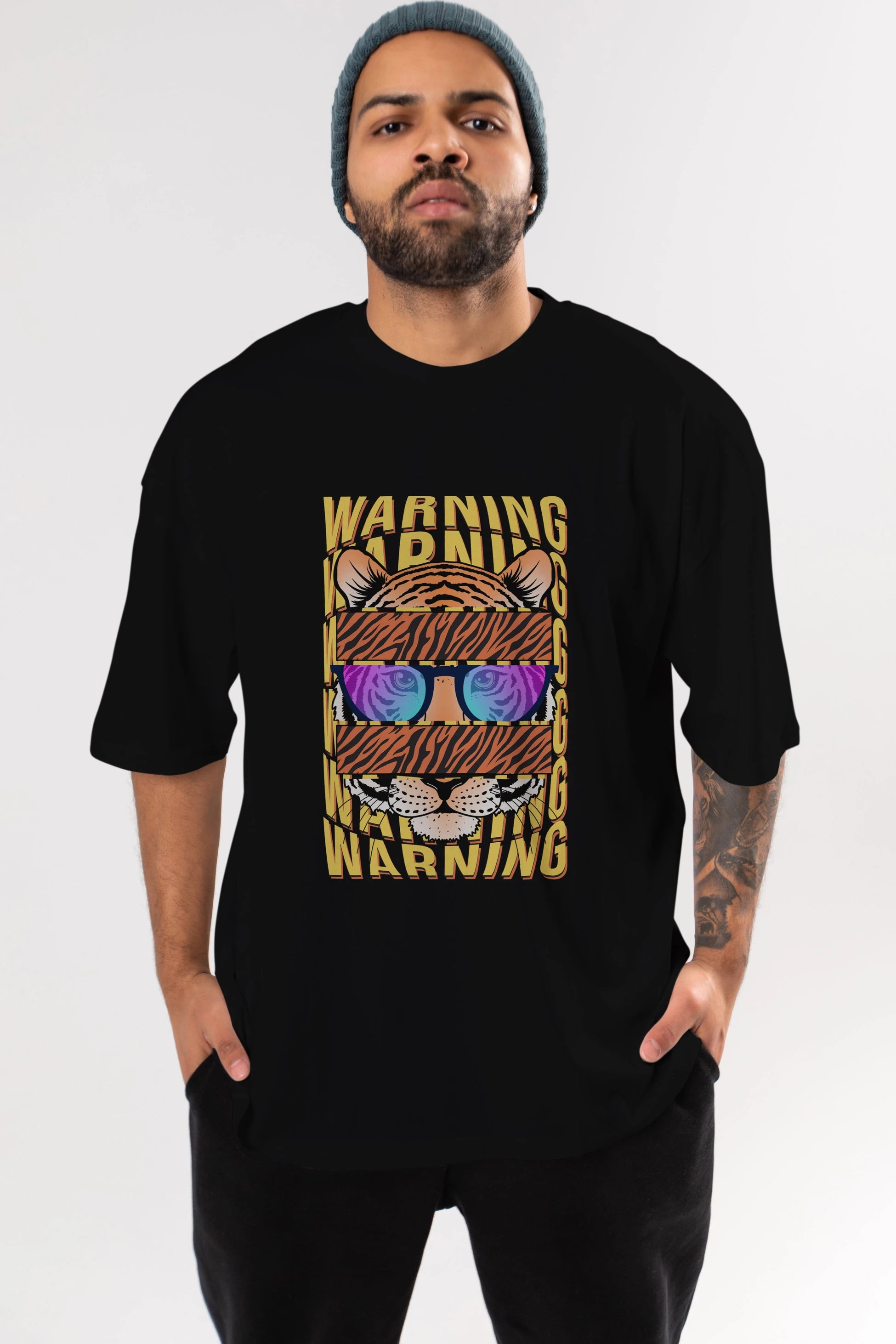 Warning Yazılı Ön Baskılı Oversize t-shirt Erkek Kadın Unisex