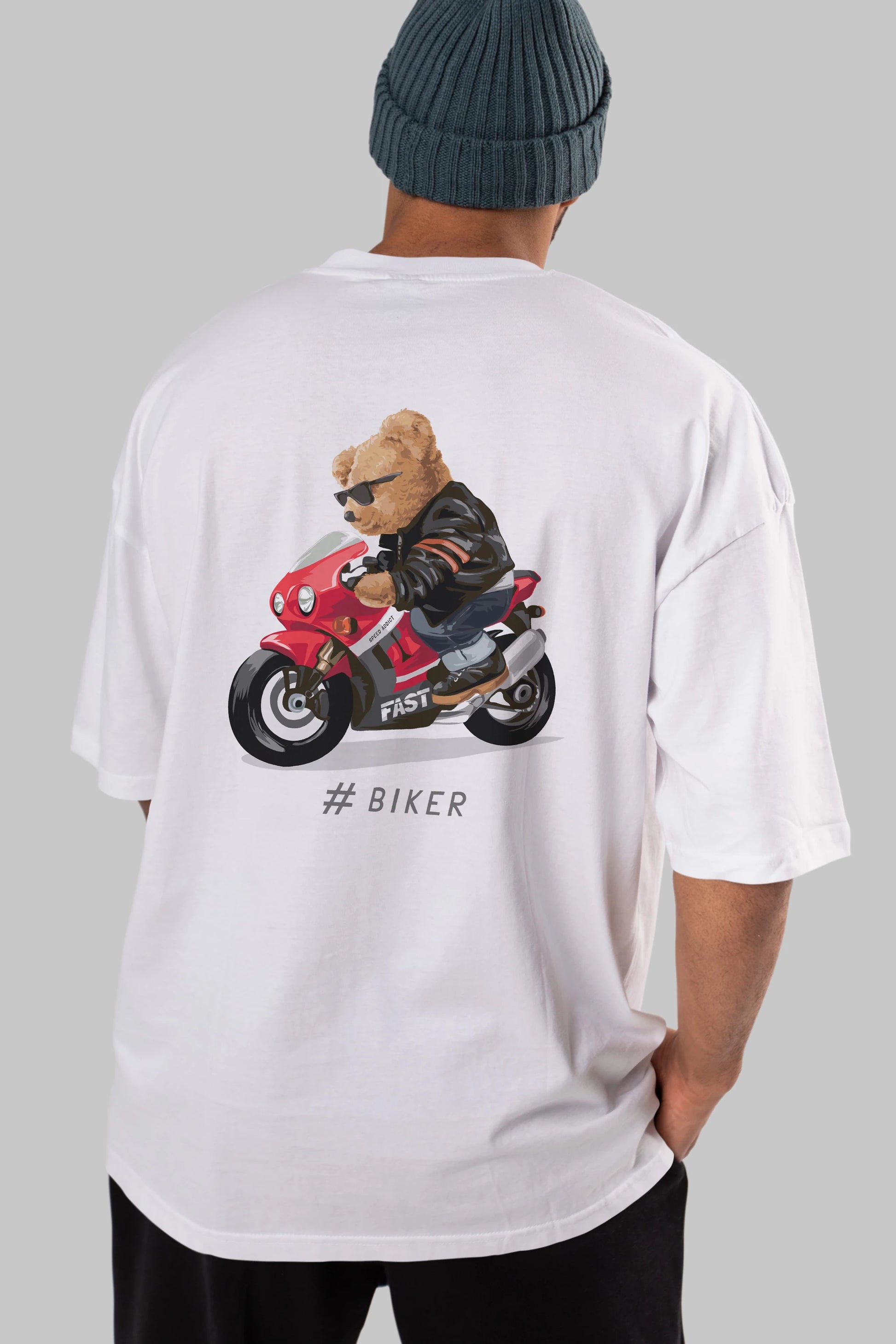 Teddy Bear Biker Arka Baskılı Oversize t-shirt Erkek Kadın Unisex %100 Pamuk