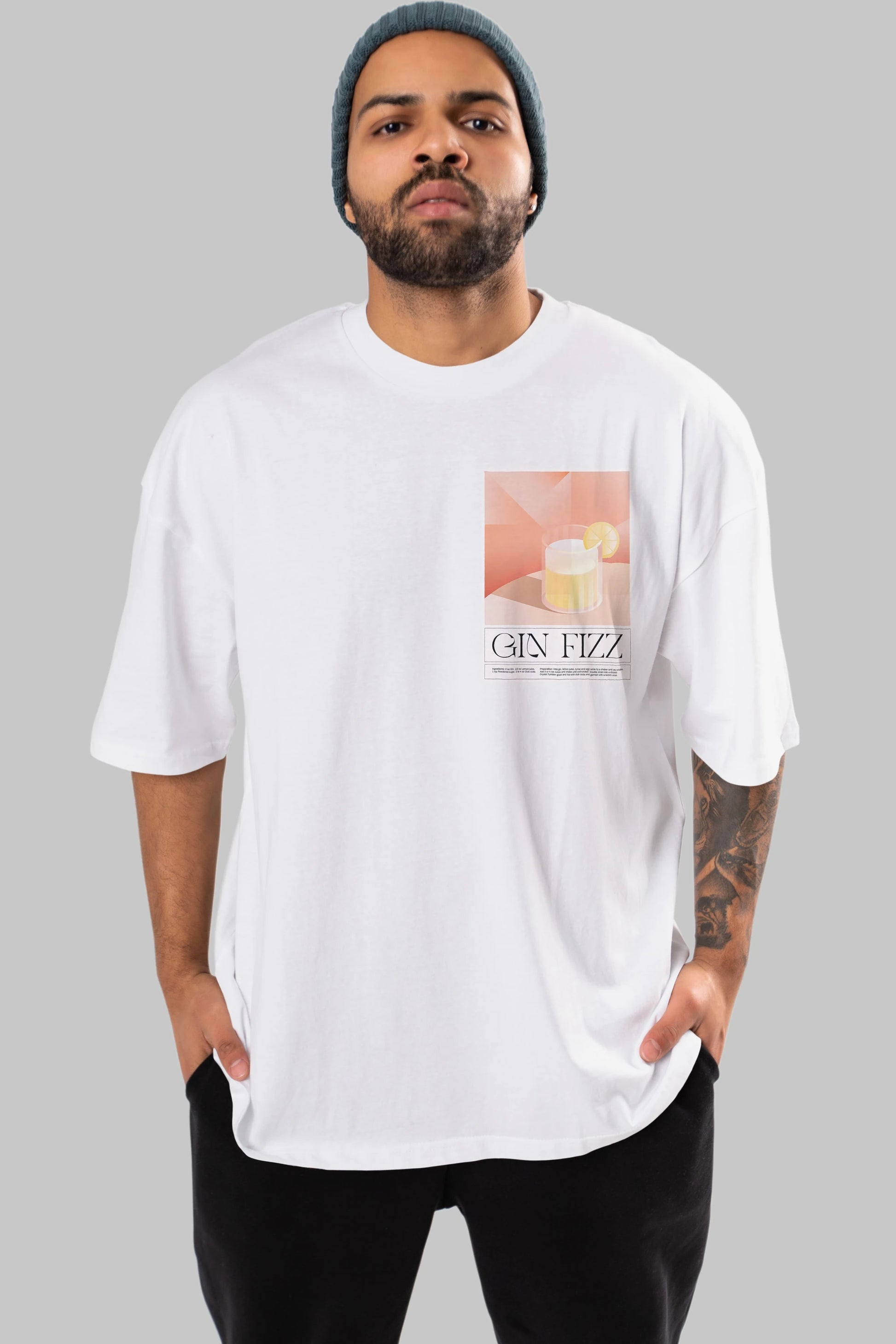 Gin Fizz Ön Sol Baskılı Oversize t-shirt Erkek Kadın Unisex %100 Pamuk Bisiklet Yaka tişort
