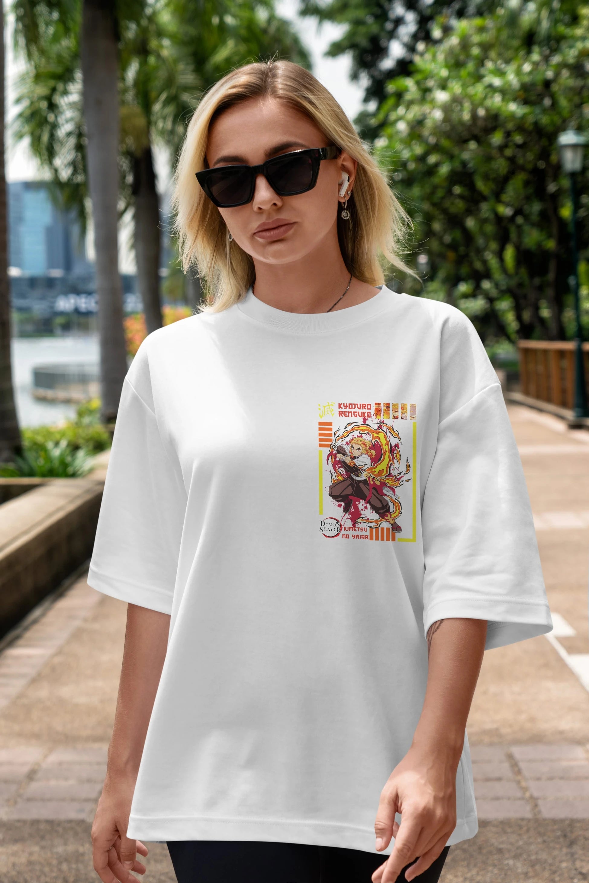 KYOJURO RENGOKU Ön Sol Baskılı Oversize t-shirt Erkek Kadın Unisex %100 Pamuk Bisiklet Yaka tişort