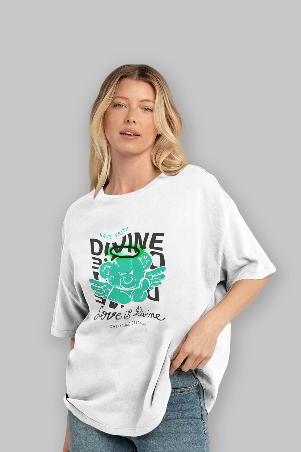 Love is Divine Bear Ön Baskılı Oversize t-shirt Erkek Kadın Unisex