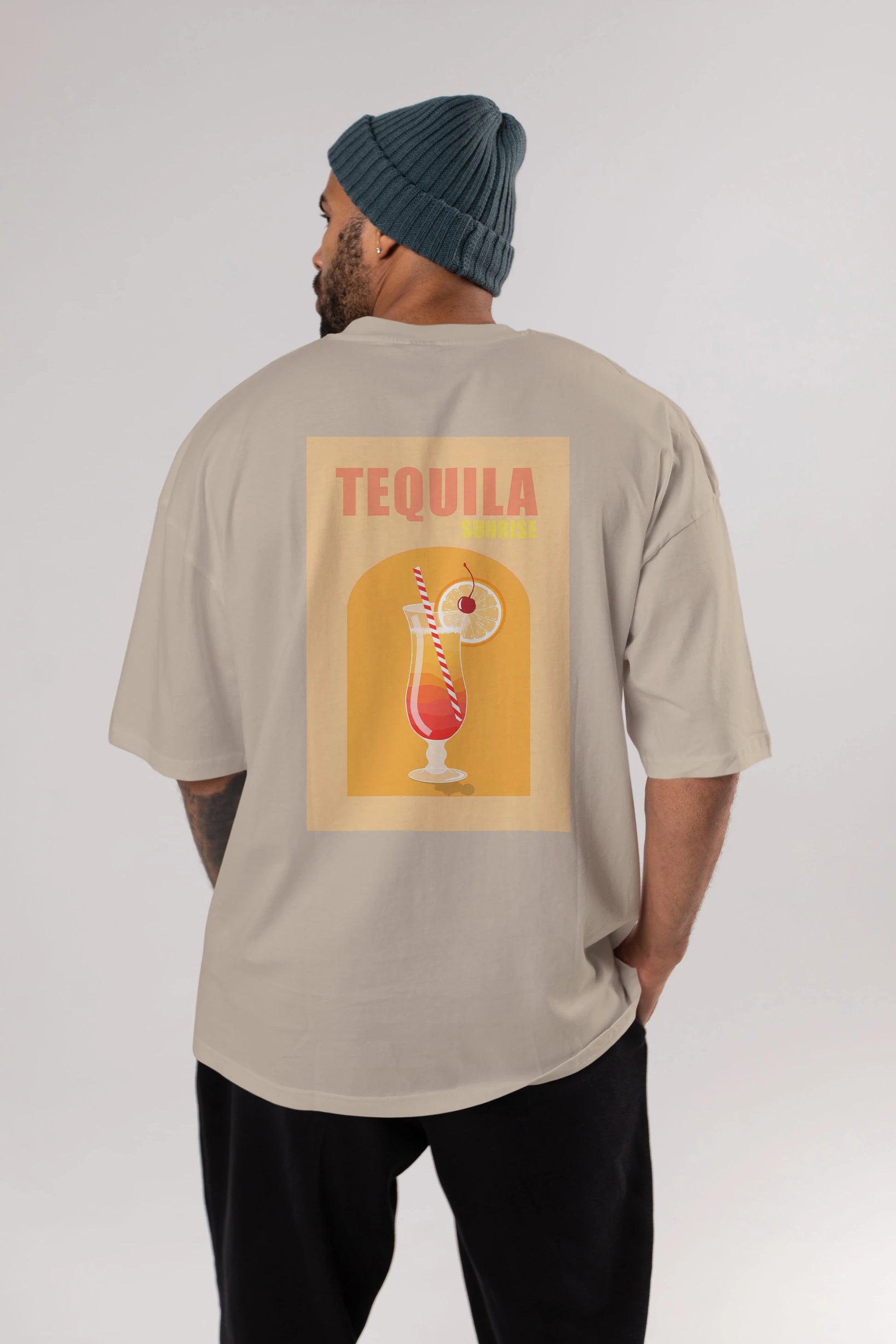 Tequila Sunrise Arka Baskılı Oversize t-shirt Erkek Kadın Unisex %100 Pamuk Bisiklet Yaka tişort