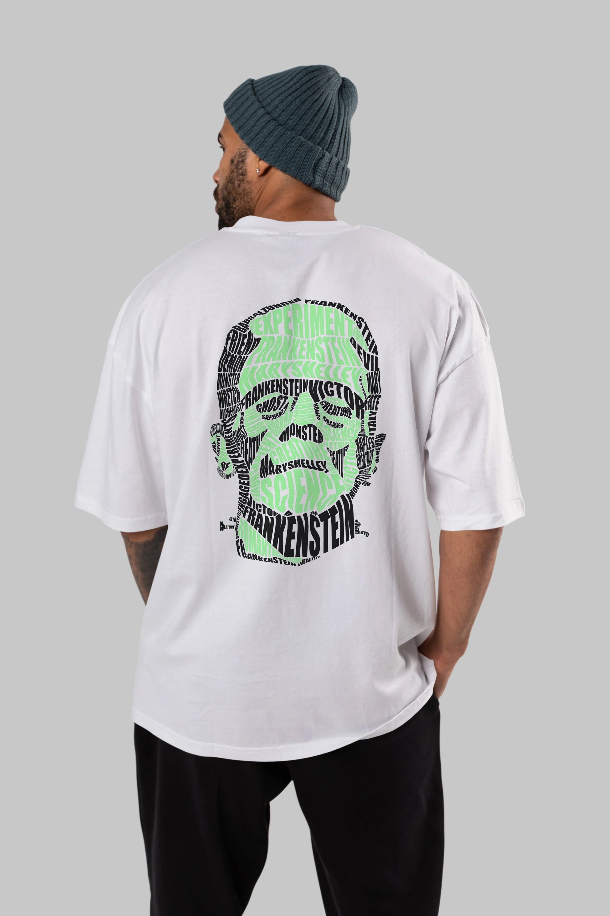 Frankenstein Calligram Arka Baskılı Oversize t-shirt %100 pamuk Erkek Kadın Unisex