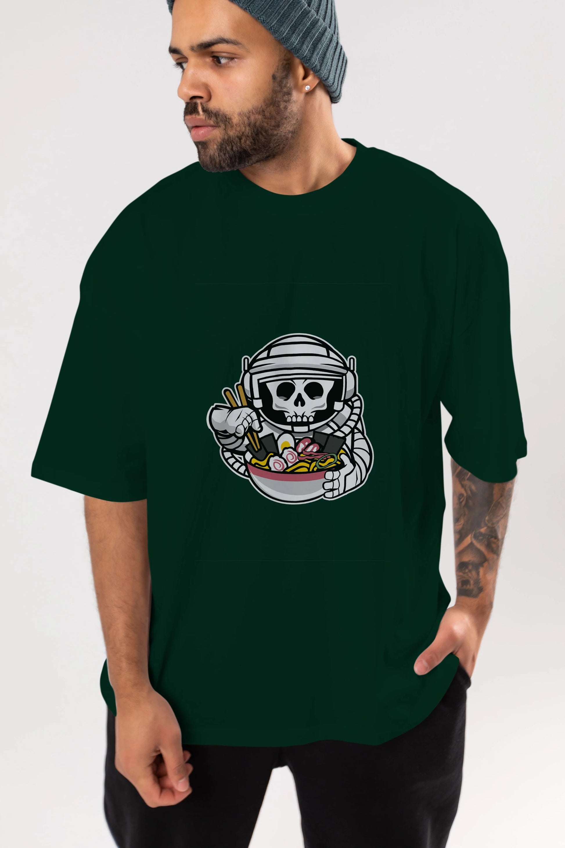 Astronaut Ramen Ön Baskılı Oversize t-shirt Erkek Kadın Unisex %100 Pamuk tişort