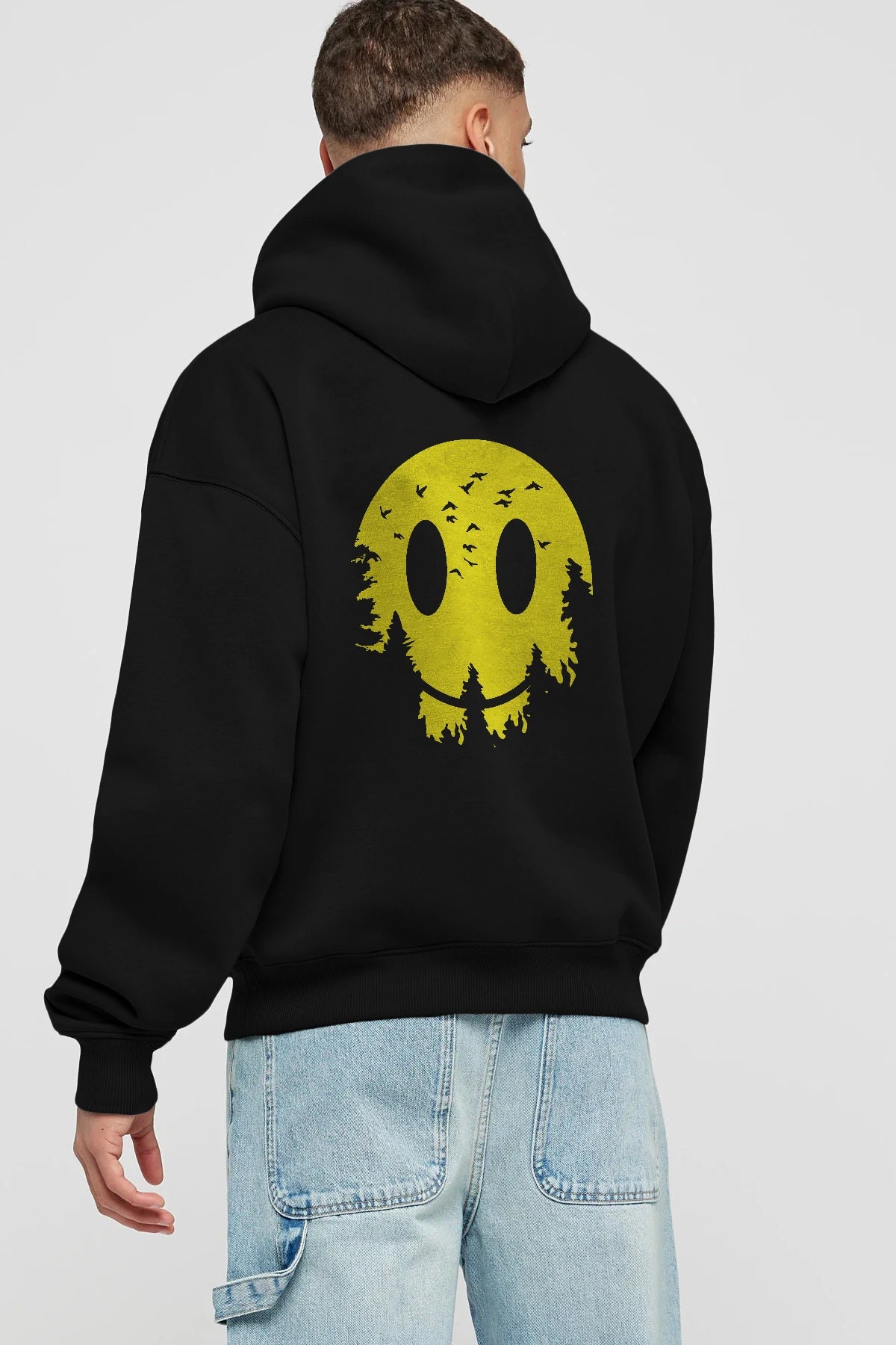 Smiley Moon Arka Baskılı Hoodie Oversize Kapüşonlu Sweatshirt Erkek Kadın Unisex