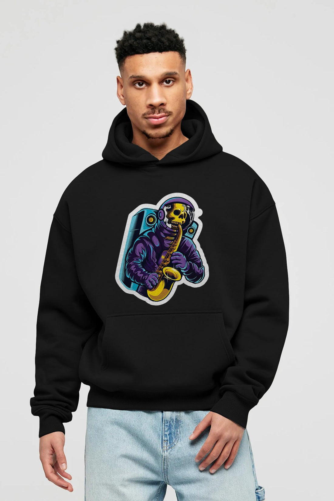 Astroskull Saxophonist Sticker Ön Baskılı Hoodie Oversize Kapüşonlu Sweatshirt Erkek Kadın Unisex