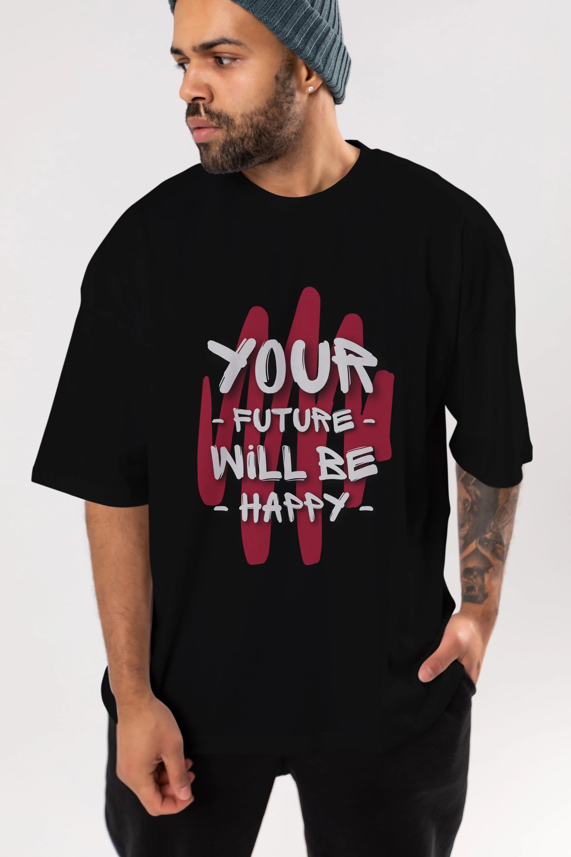 Your Future Will be Happy Yazılı Ön Baskılı Oversize t-shirt Erkek Kadın Unisex