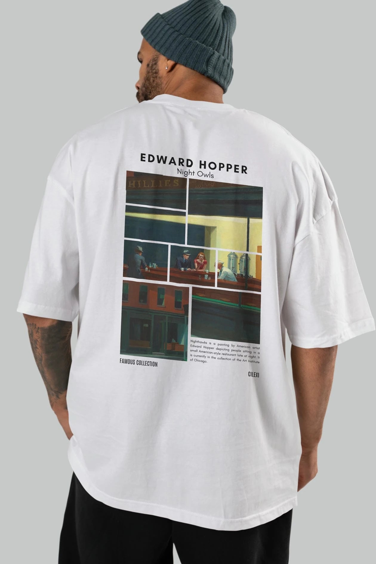 Edward Hopper Night Owls Arka Baskılı Oversize t-shirt Erkek Kadın Bisiklet Yaka Pamuk tişort