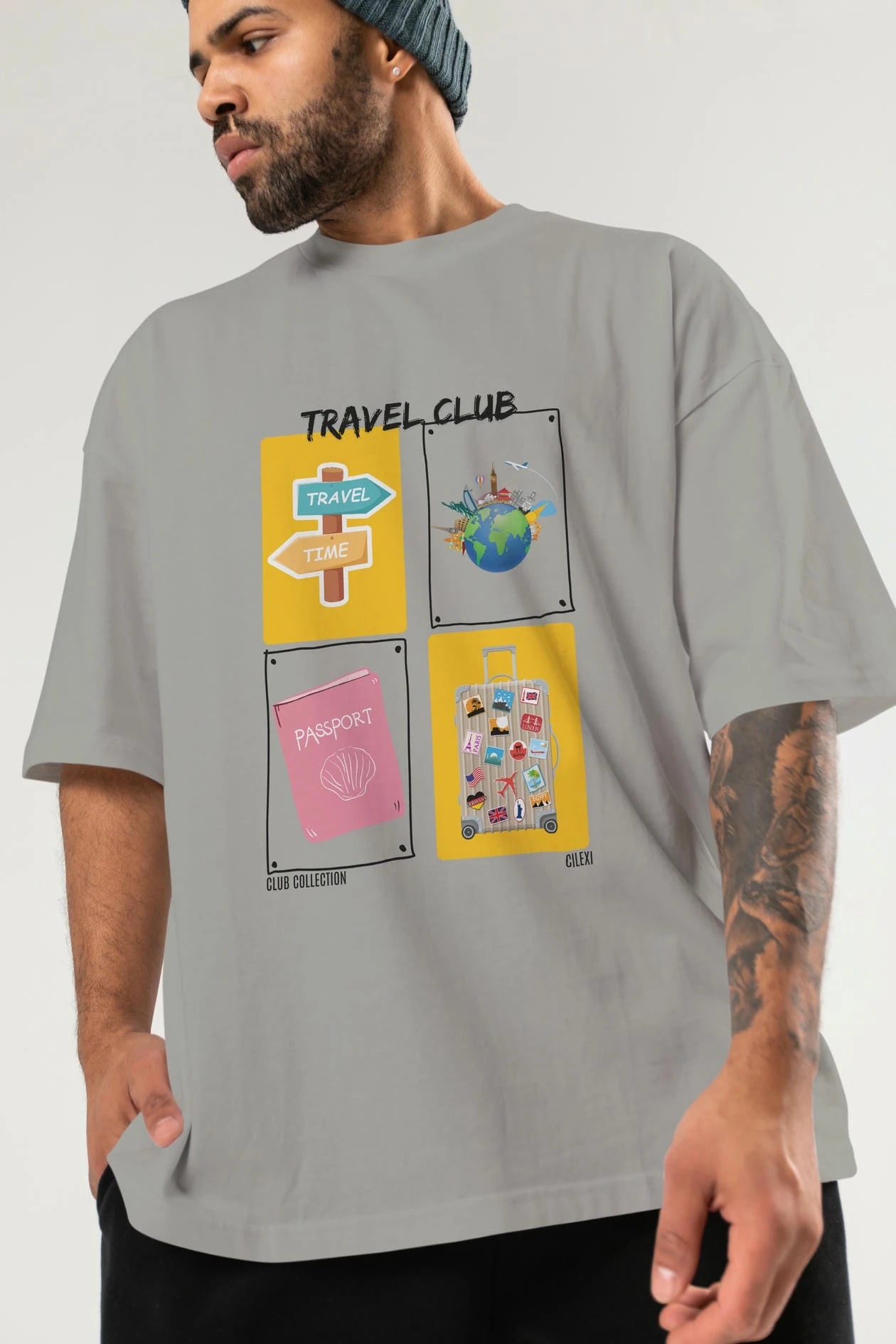 Travel Club ön Baskılı Oversize t-shirt Erkek Kadın %100 Pamuk Bisiklet Yaka tişort