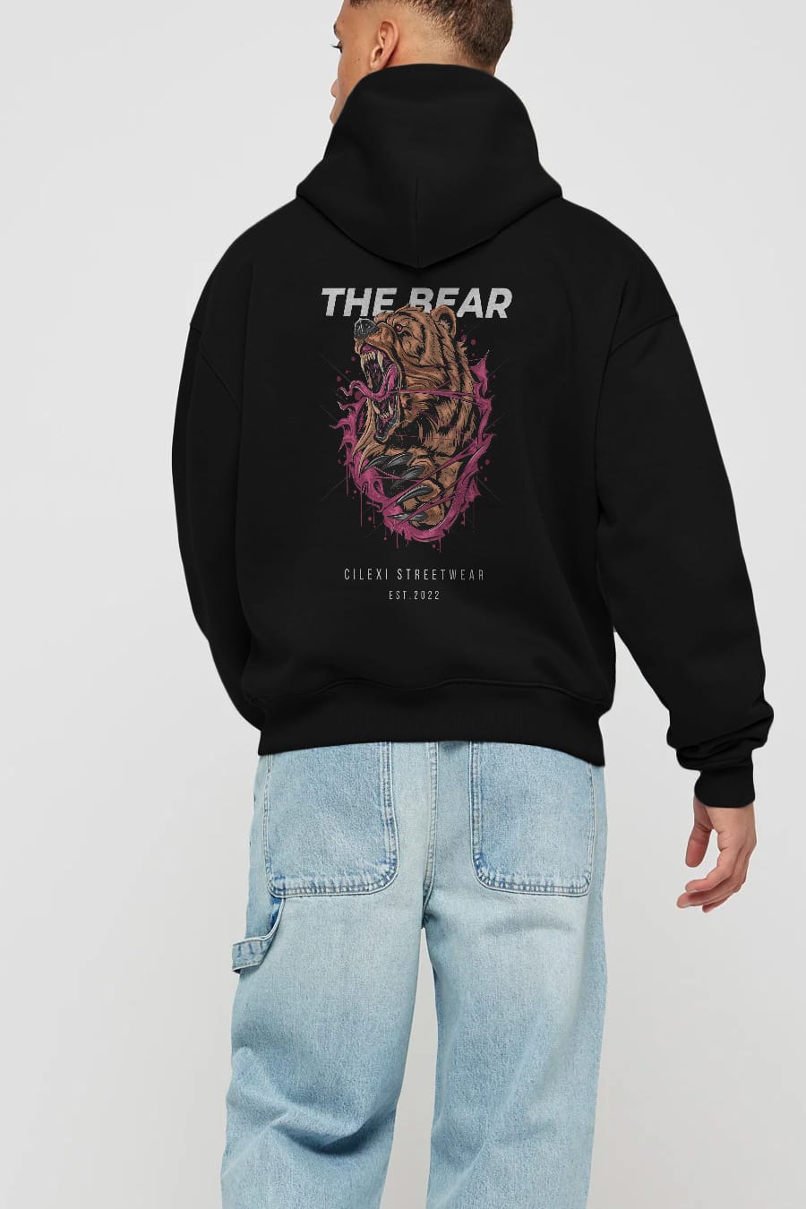 The Bear Arka Baskılı Oversize Hoodie Kapüşonlu Sweatshirt Erkek Kadın Unisex