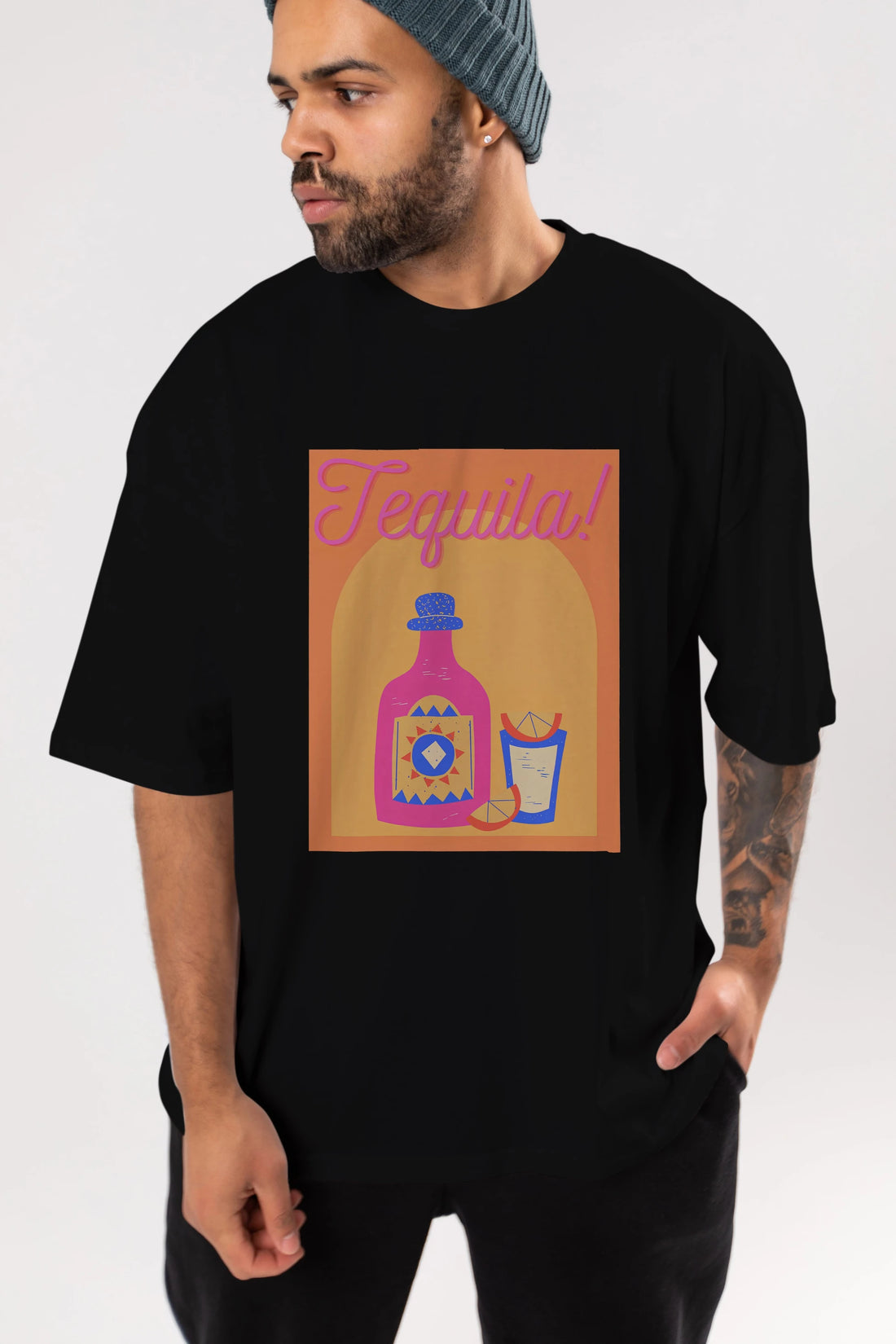 Tequila Ön Baskılı Oversize t-shirt Erkek Kadın Unisex %100 Pamuk Bisiklet Yaka tişort