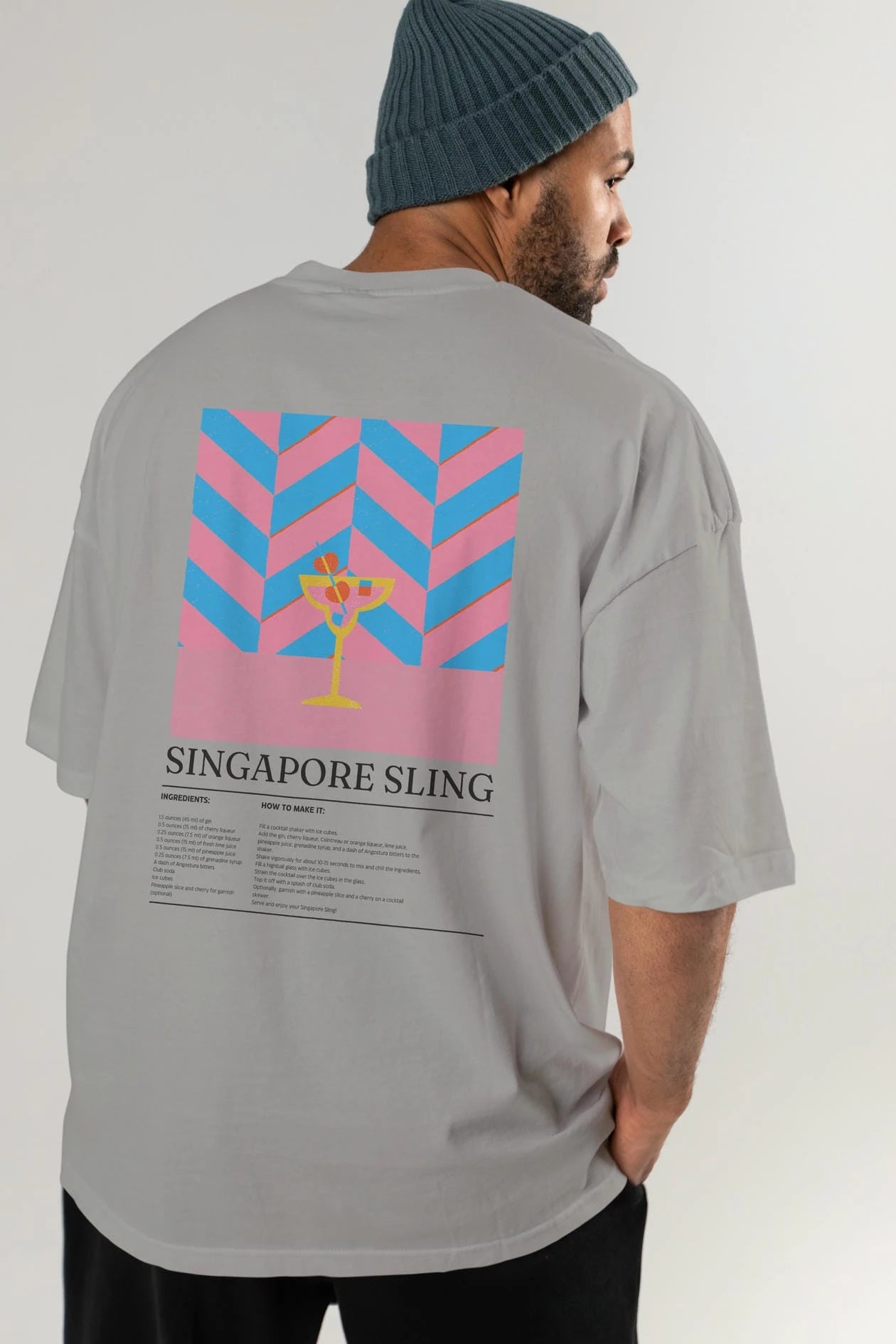 Singapore Sling Kokteyl Serisi Arka Baskılı Oversize t-shirt Erkek Kadın %100 Pamuk Bisiklet Yaka tişort