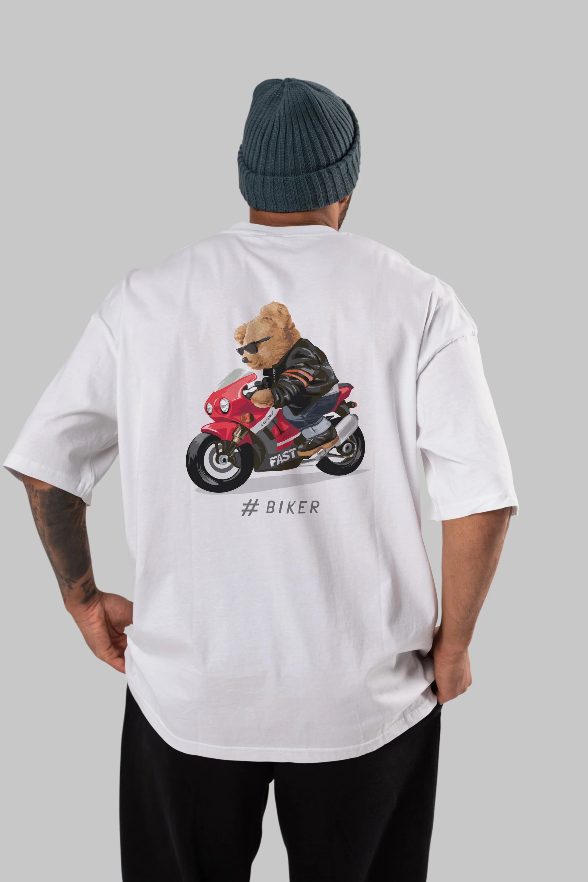 Teddy Bear Biker Arka Baskılı Oversize t-shirt Erkek Kadın Unisex %100 Pamuk