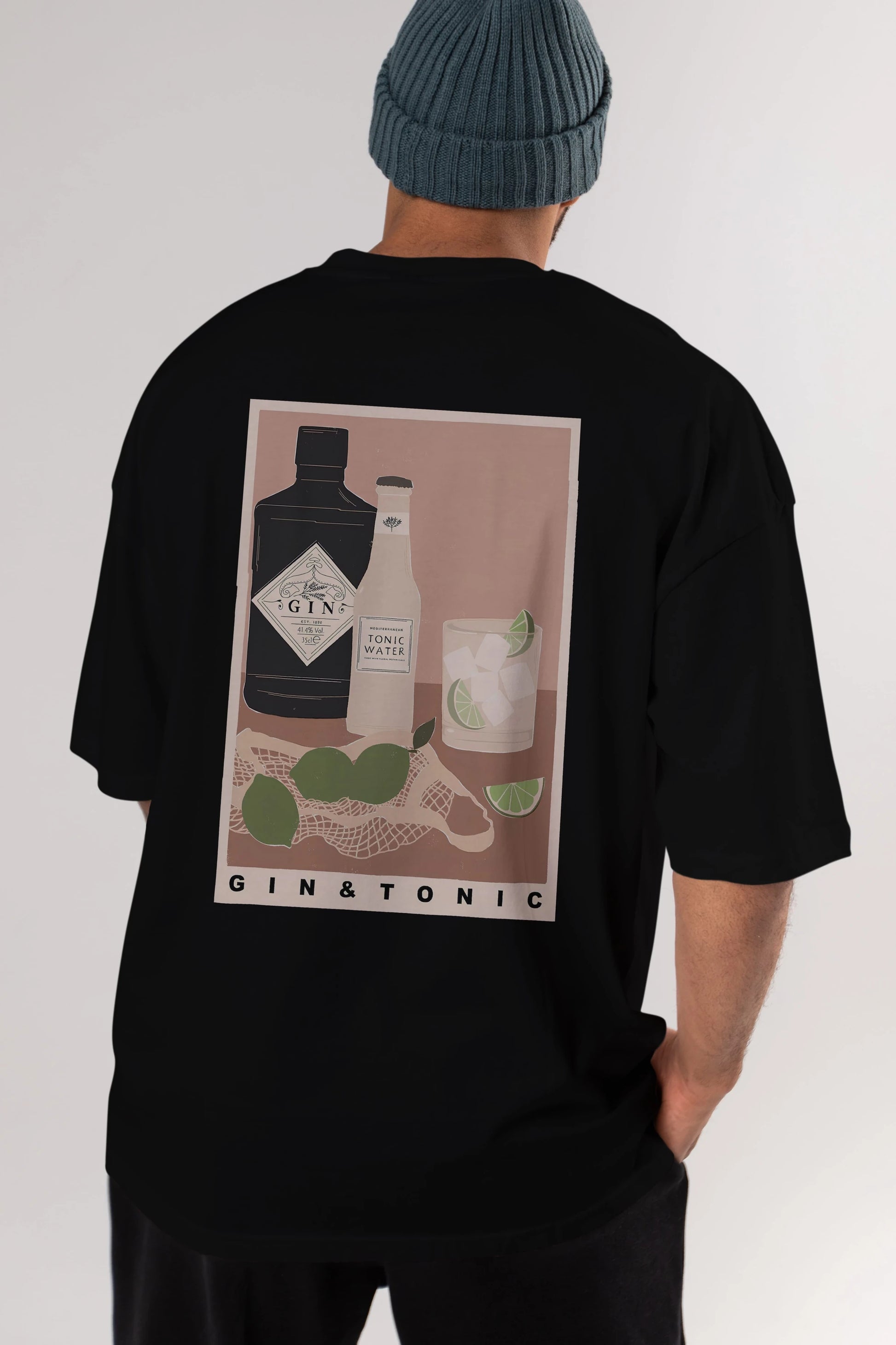 Gin Tonic Arka Baskılı Oversize t-shirt Erkek Kadın Unisex %100 Pamuk Bisiklet Yaka tişort