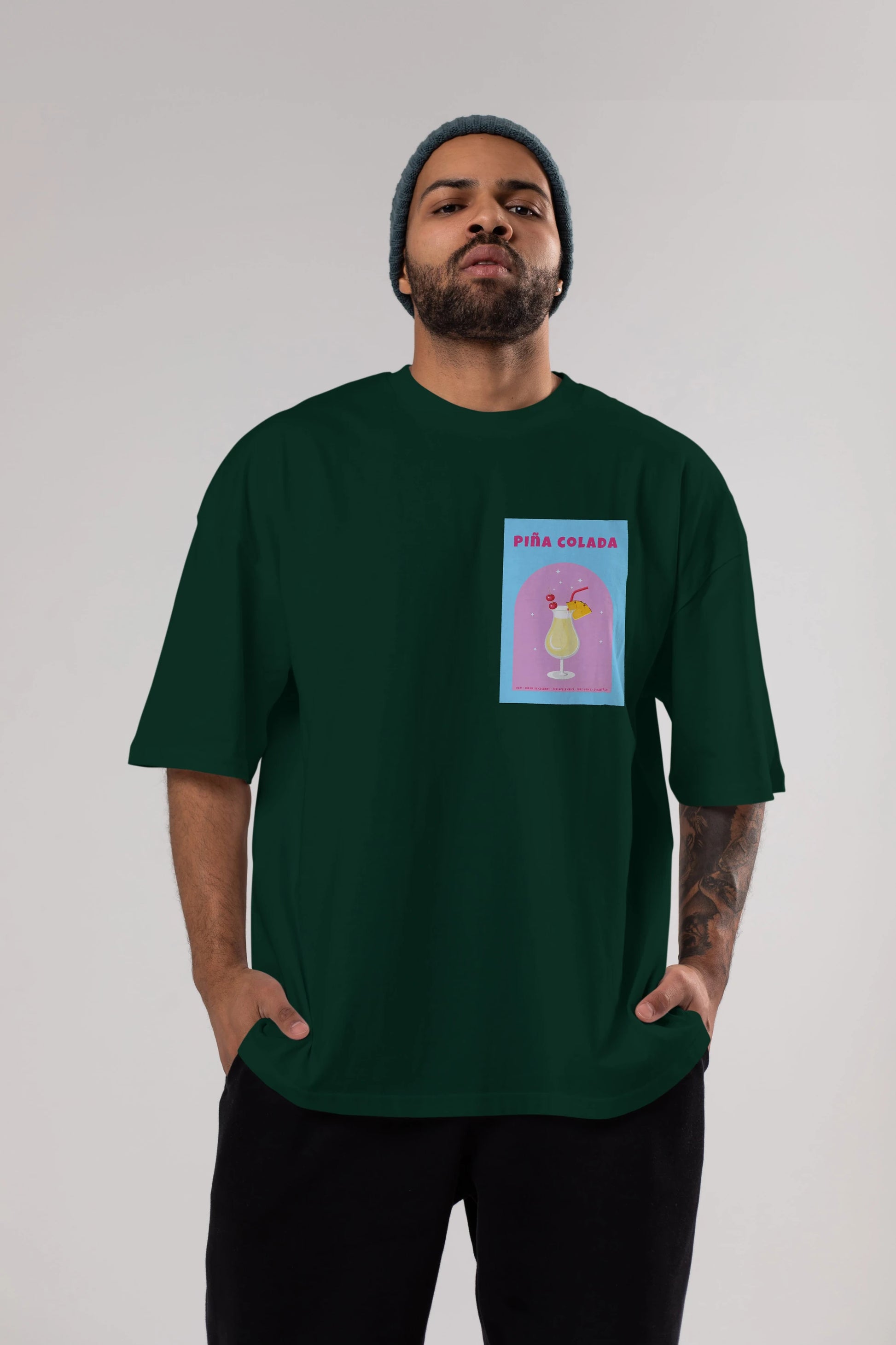 Pina Colada 2 Ön Sol Baskılı Oversize t-shirt Erkek Kadın Unisex %100 Pamuk Bisiklet Yaka tişort