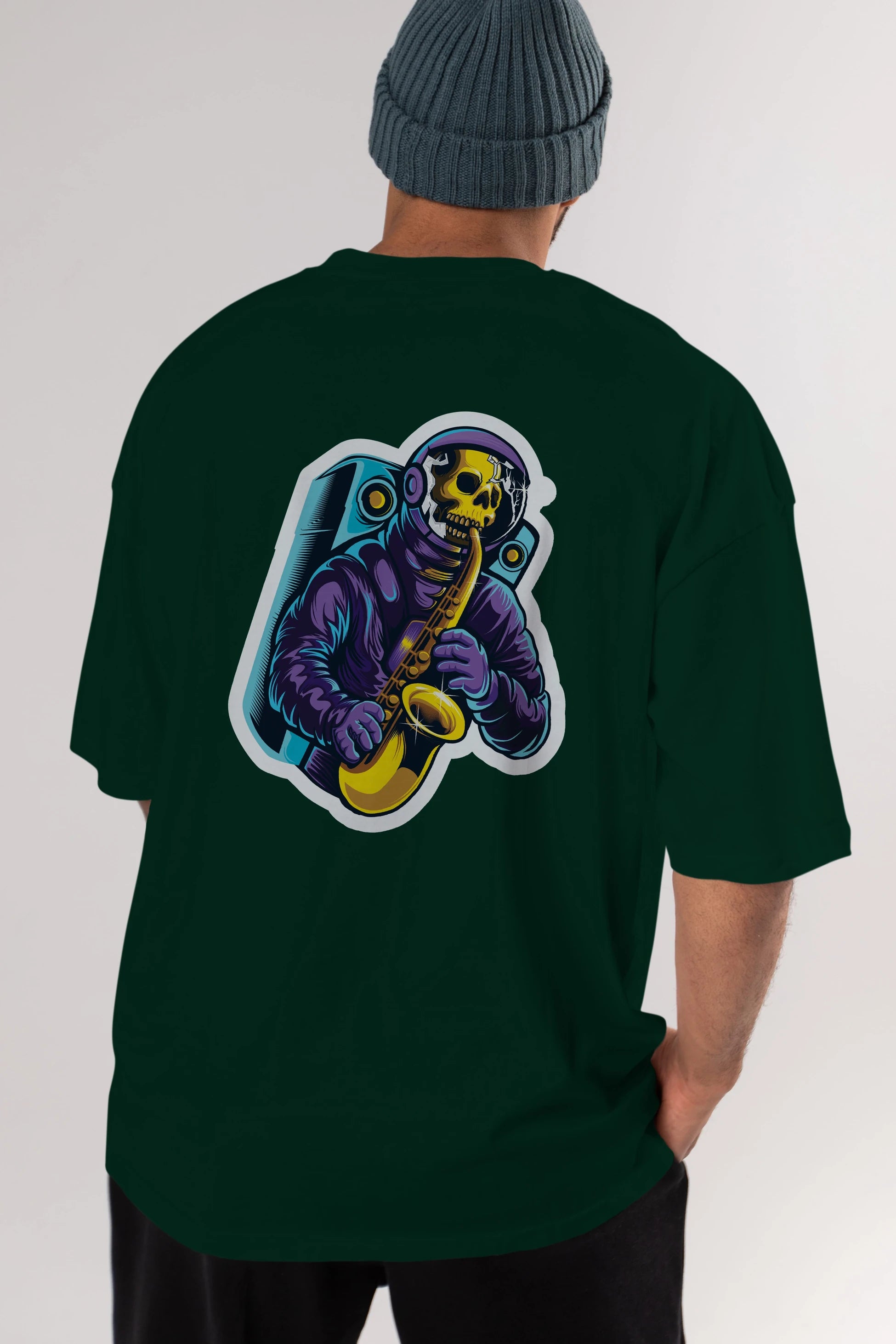 Astroskull Saxophonist Sticker Arka Baskılı Oversize t-shirt Erkek Kadın Unisex
