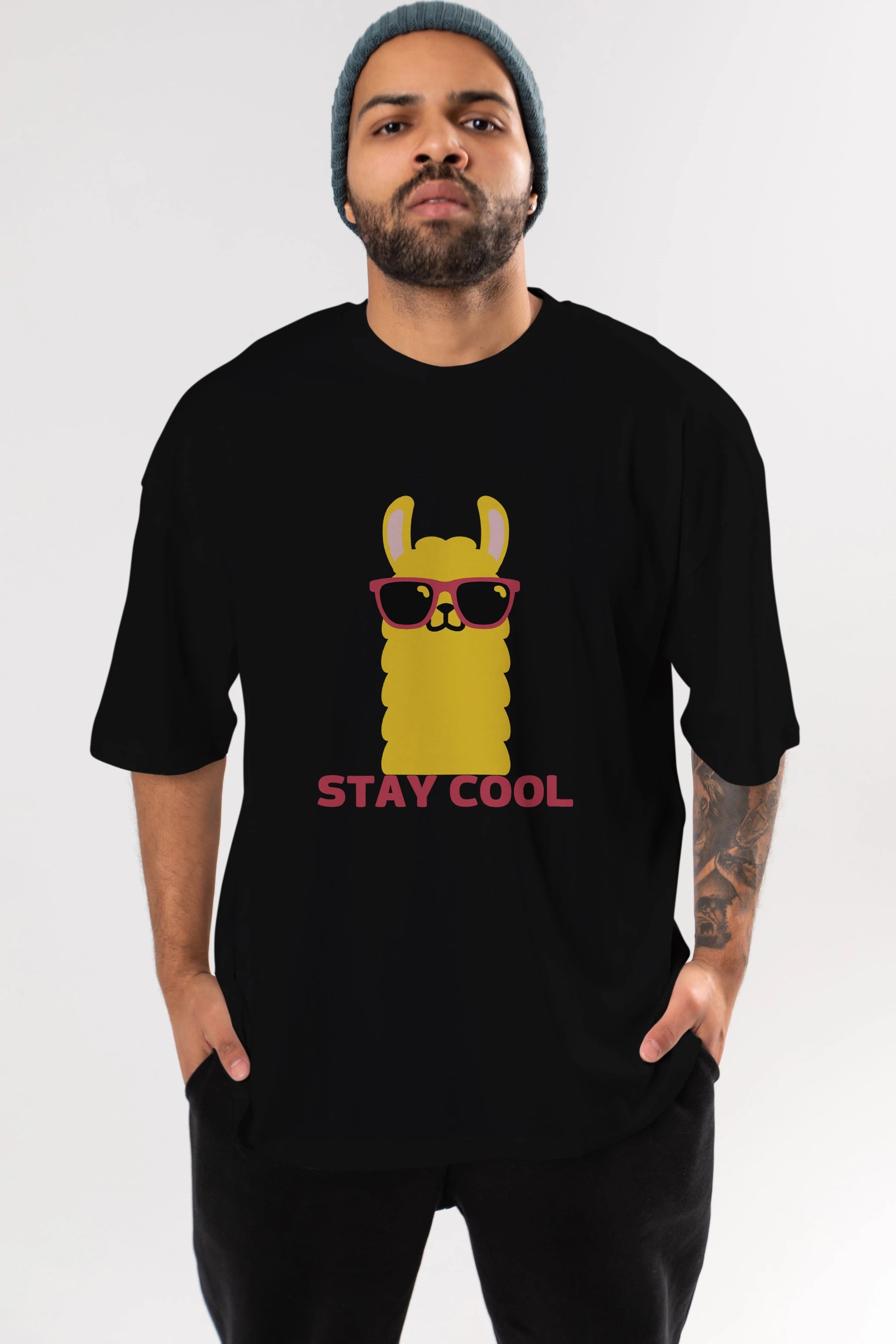 Stay Cool Yazılı Lama Ön Baskılı Oversize t-shirt Erkek Kadın Unisex
