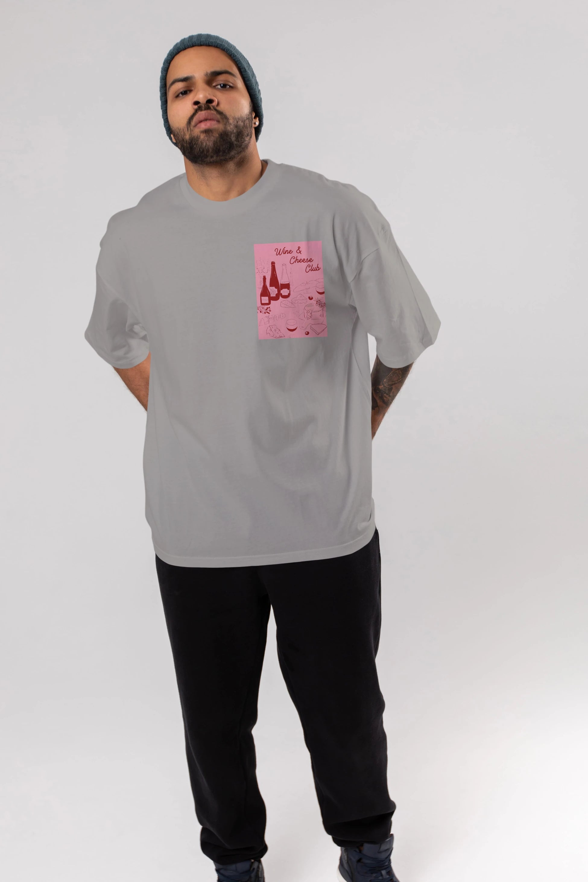 Wine Cheese Club Ön Sol Baskılı Oversize t-shirt Erkek Kadın Unisex %100 Pamuk Bisiklet Yaka tişort