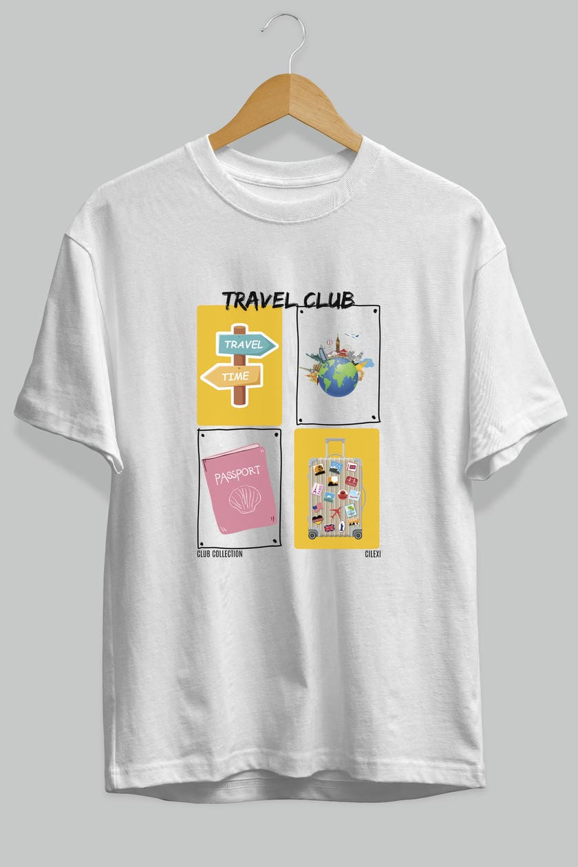 Travel Club ön Baskılı Oversize t-shirt Erkek Kadın %100 Pamuk Bisiklet Yaka tişort