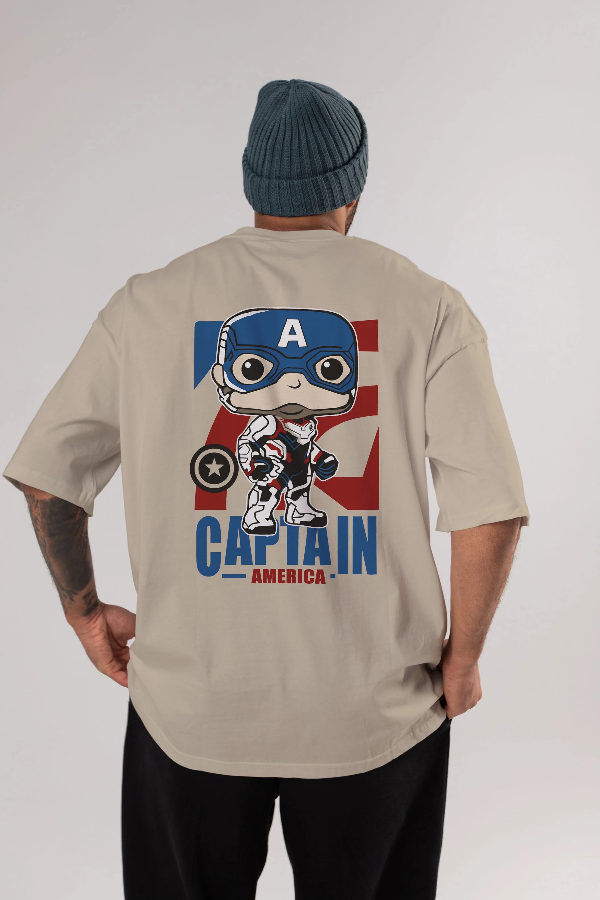 Captain America Arka Baskılı Oversize t-shirt Erkek Kadın Unisex %100 Pamuk Bisiklet Yaka tişort