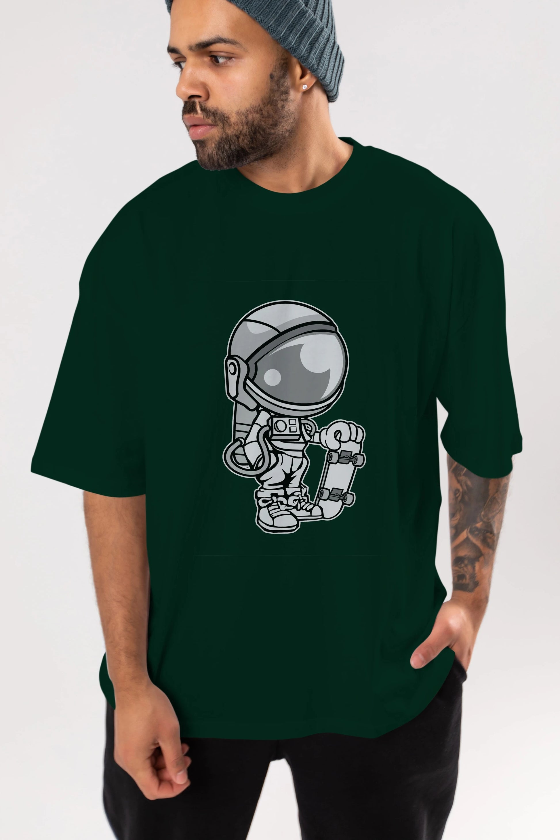 Astronaut Skaterboy Ön Baskılı Oversize t-shirt Erkek Kadın Unisex %100 Pamuk tişort