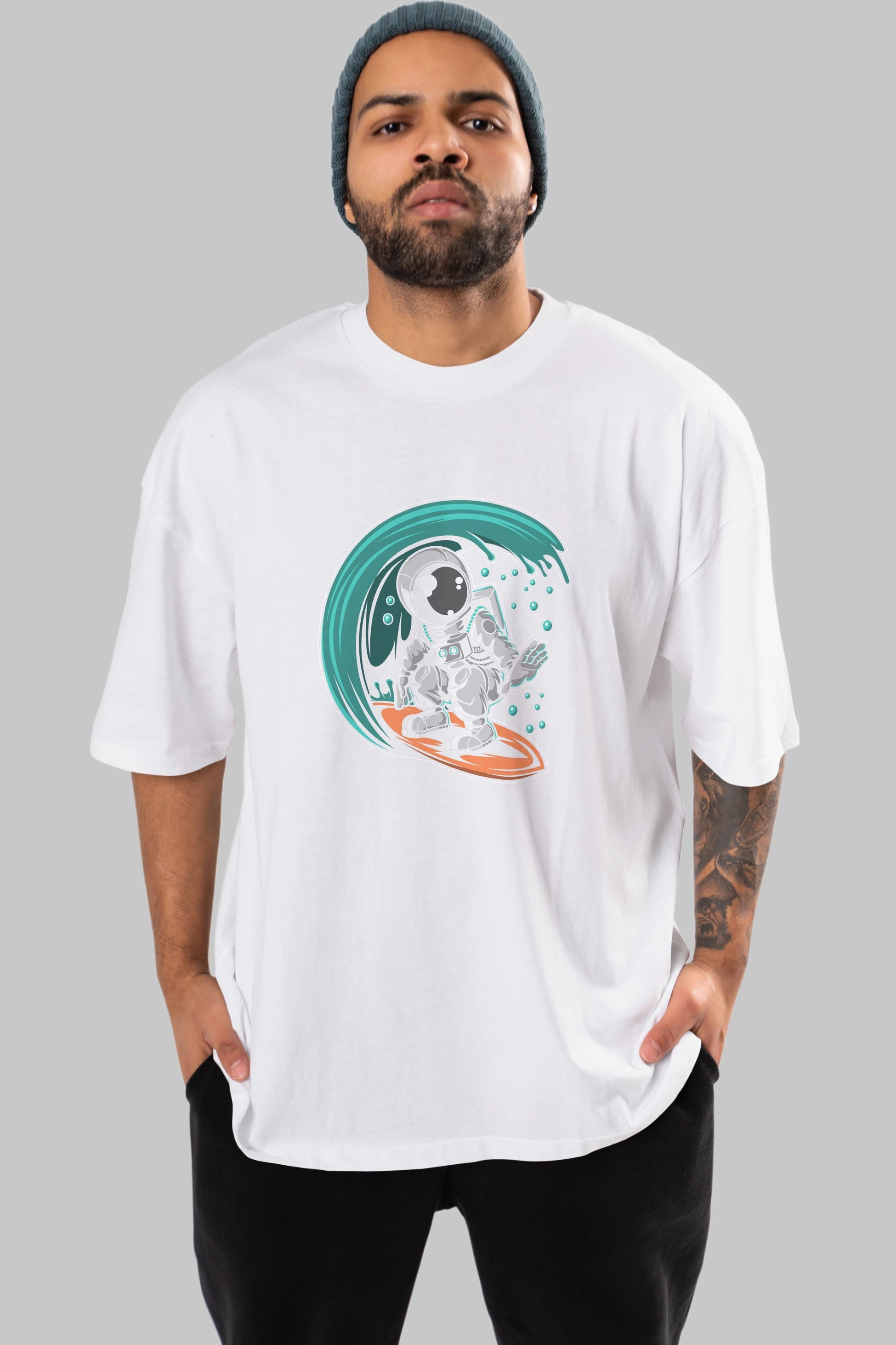 Astronaut Surfing Ön Baskılı Oversize t-shirt Erkek Kadın Unisex
