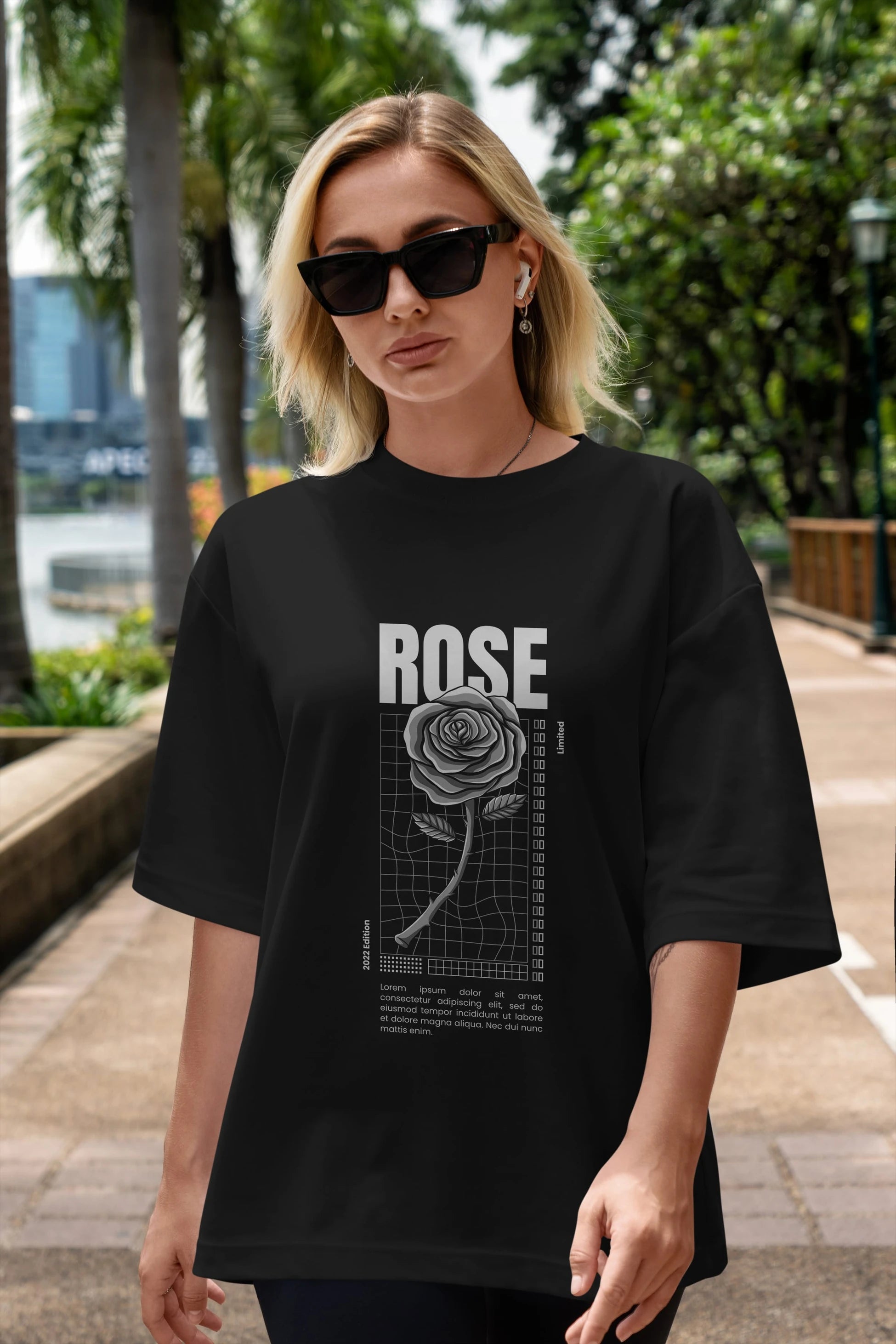Rose Streetwear Ön Baskılı Oversize t-shirt Erkek Kadın Unisex