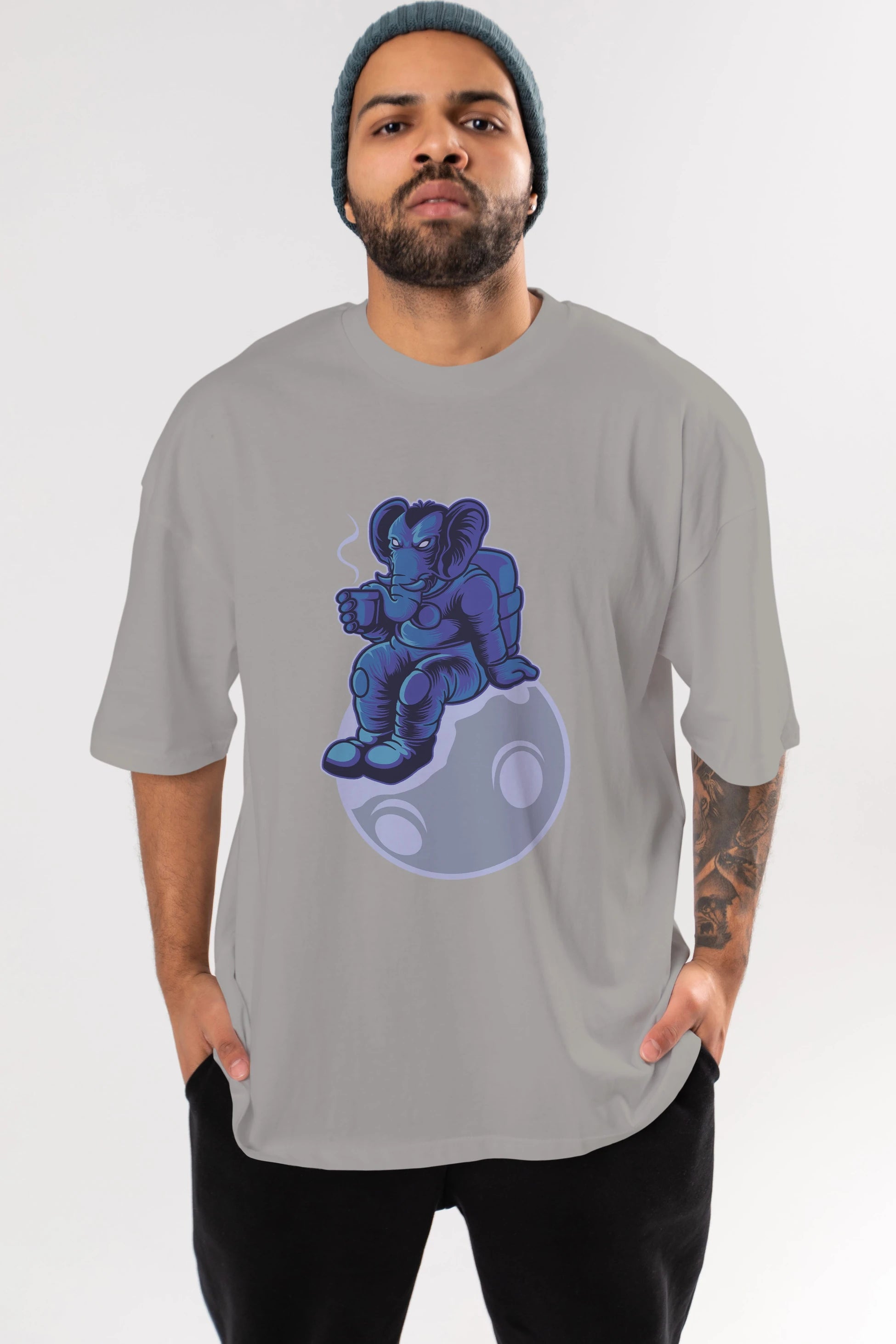 Space Elephant Drink Coffee Ön Baskılı Oversize t-shirt Erkek Kadın Unisex