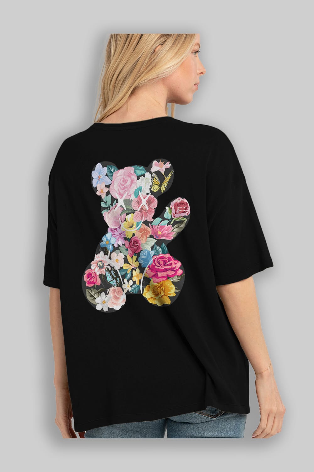 Flowers Bear Arka Baskılı Oversize t-shirt Erkek Kadın Unisex