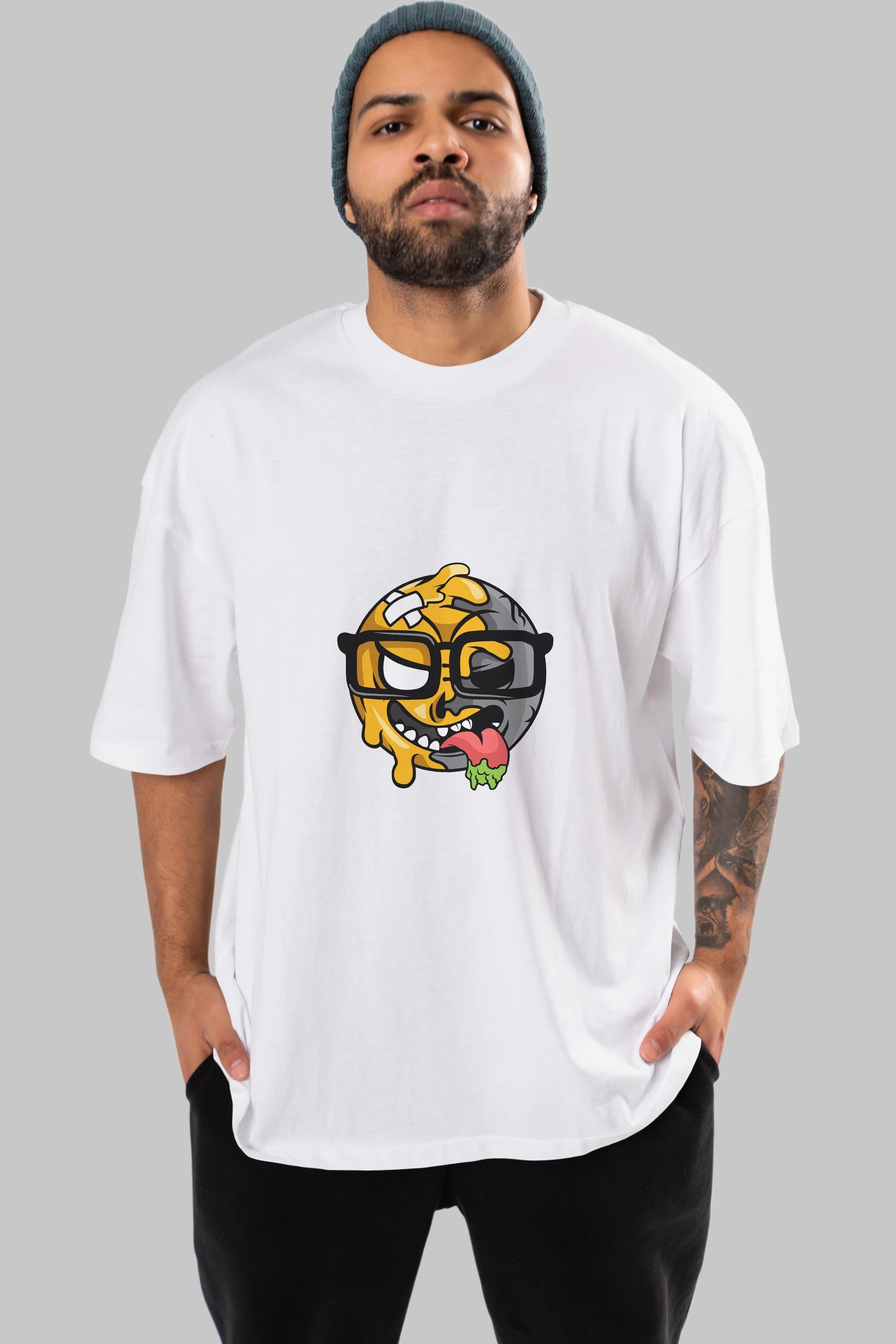Smiley Nerd Ön Baskılı Oversize t-shirt Erkek Kadın Unisex %100 Pamuk tişort