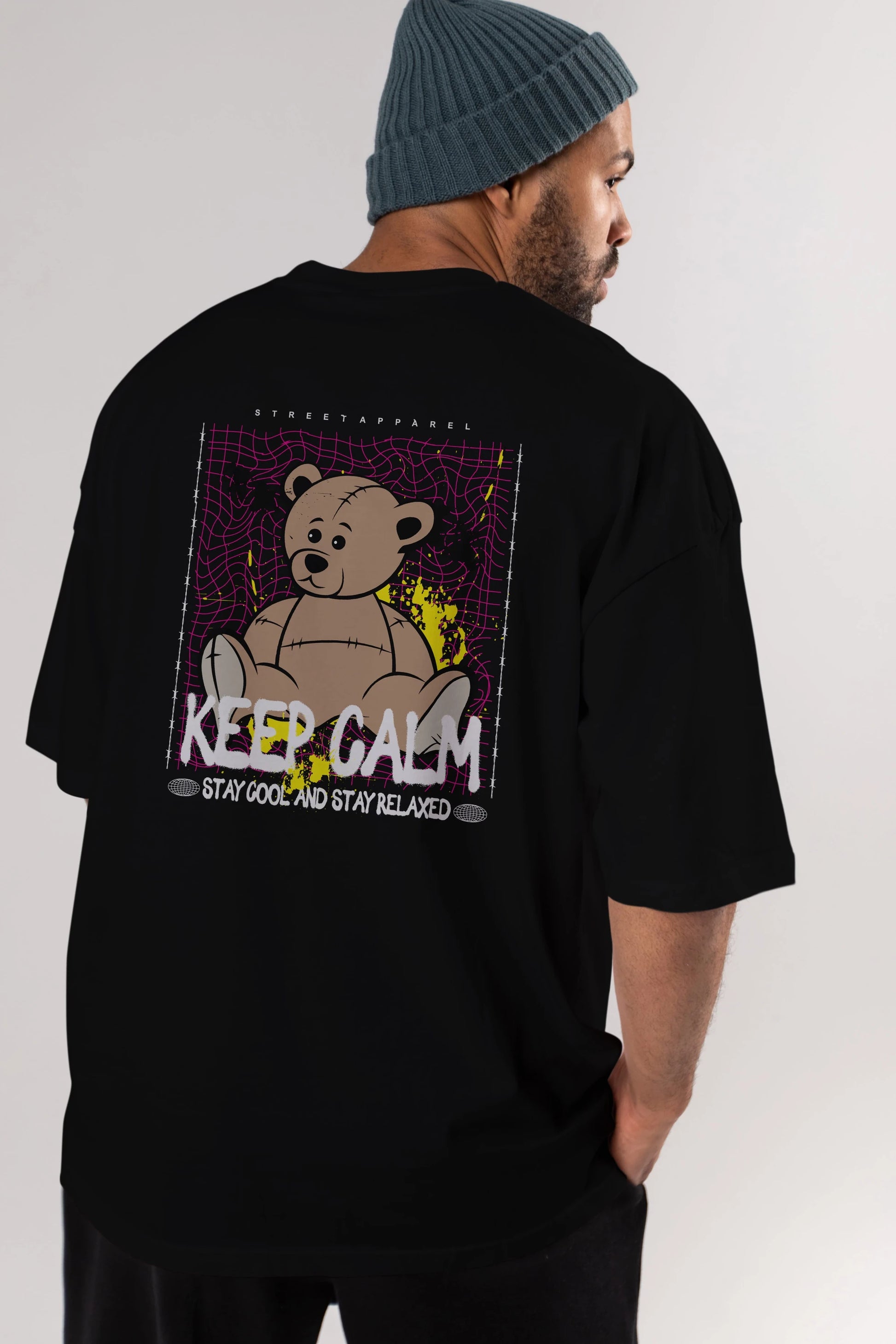 Keep Calm Bear Arka Baskılı Oversize t-shirt Erkek Kadın Unisex