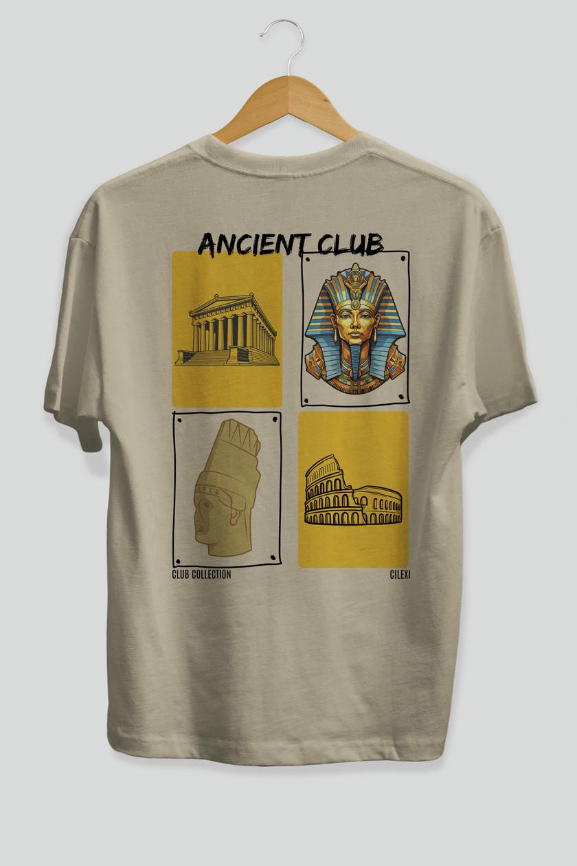 Ancient Club Arka Baskılı Oversize t-shirt Erkek Kadın %100 Pamuk Bisiklet Yaka tişort
