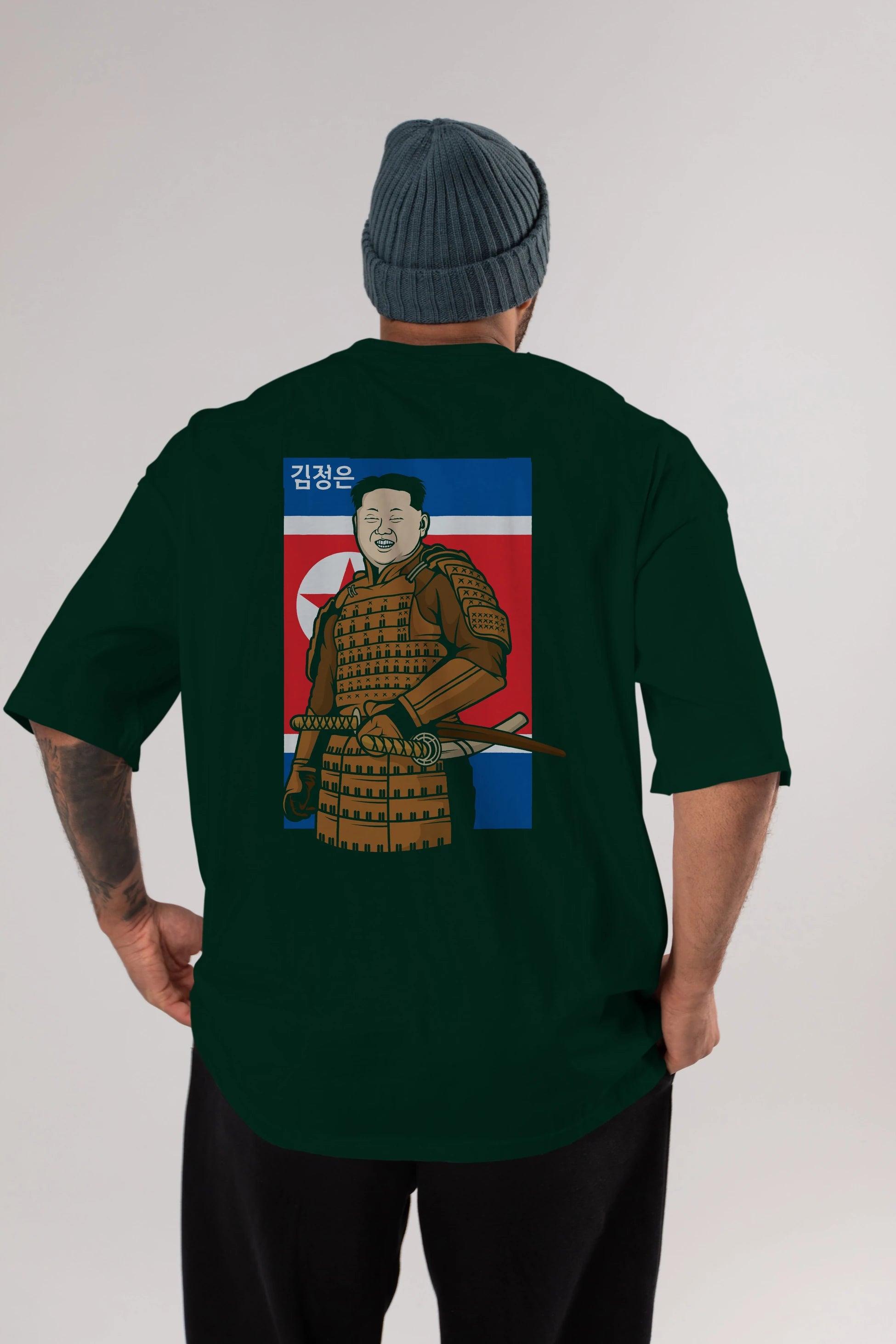 Samurai Jong Un Arka Baskılı Oversize t-shirt Erkek Kadın Unisex %100 Pamuk tişort