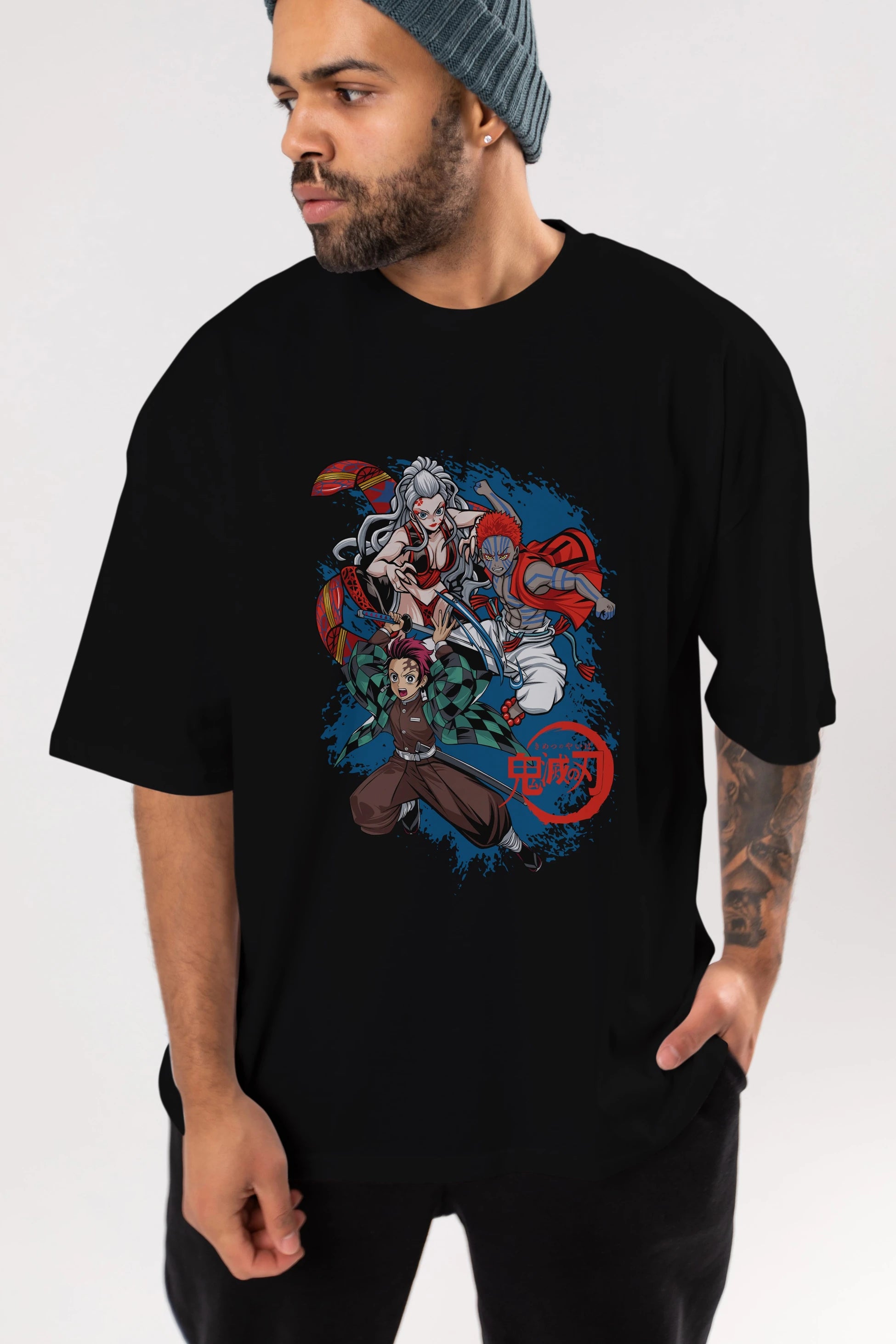 TANJIRO ,AKAZA,DAKI Anime Ön Baskılı Oversize t-shirt %100 pamuk Erkek Kadın Unisex