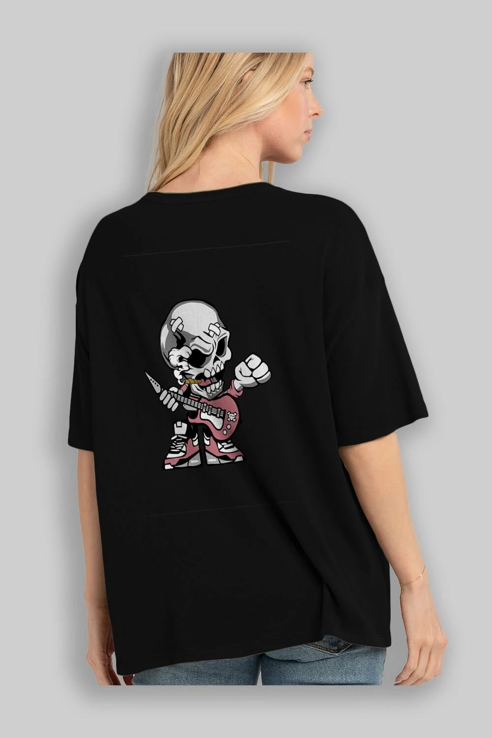 Skull Rockstar Arka Baskılı Oversize t-shirt Erkek Kadın Unisex %100 Pamuk tişort