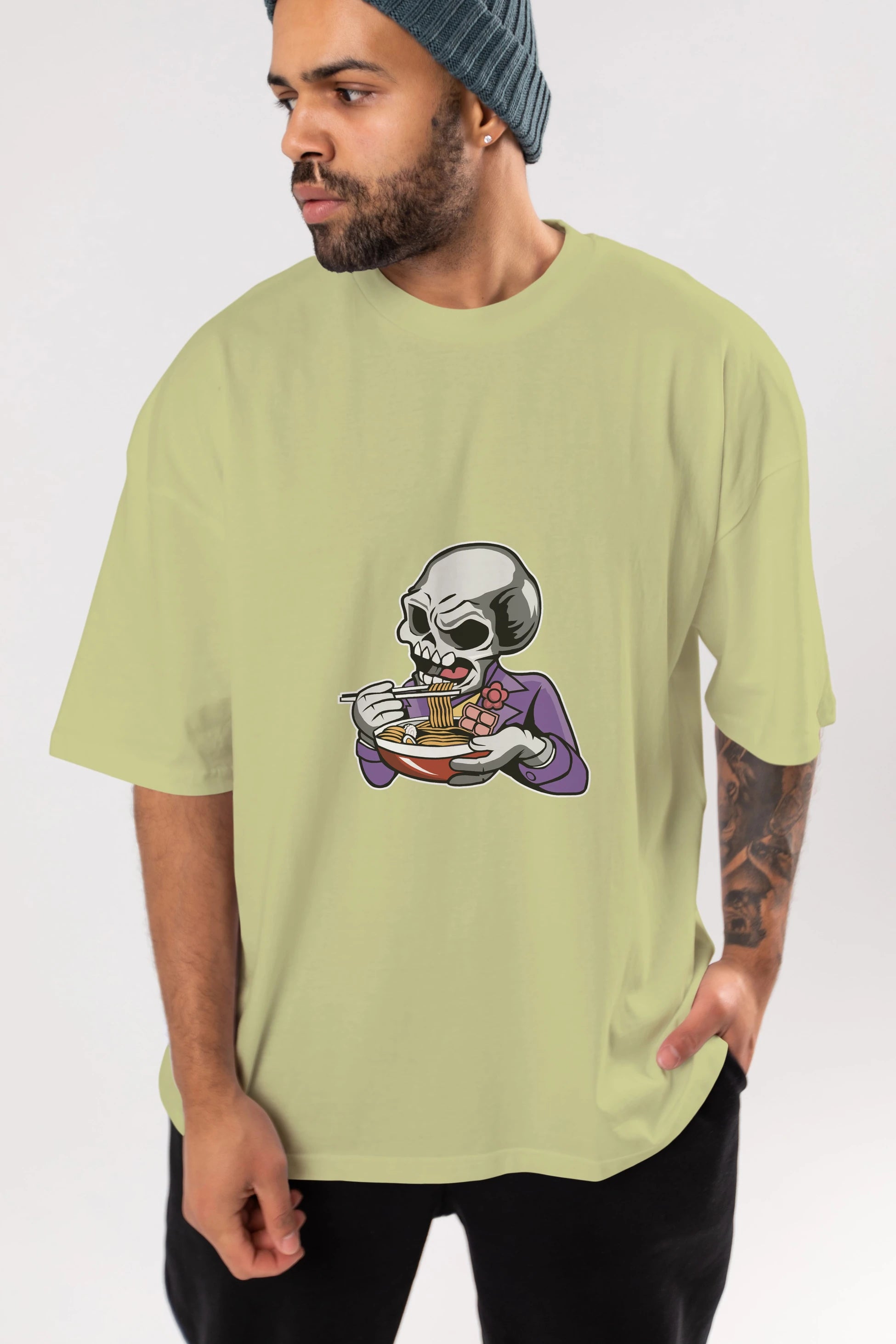 Skull Ramen Ön Baskılı Oversize t-shirt Erkek Kadın Unisex %100 Pamuk tişort