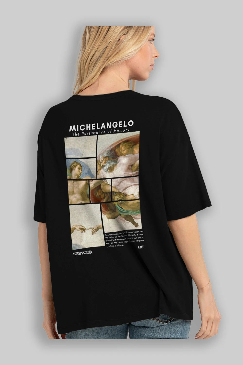 Michelangelo Arka Baskılı Oversize t-shirt Erkek Kadın Bisiklet Yaka Pamuk tişort