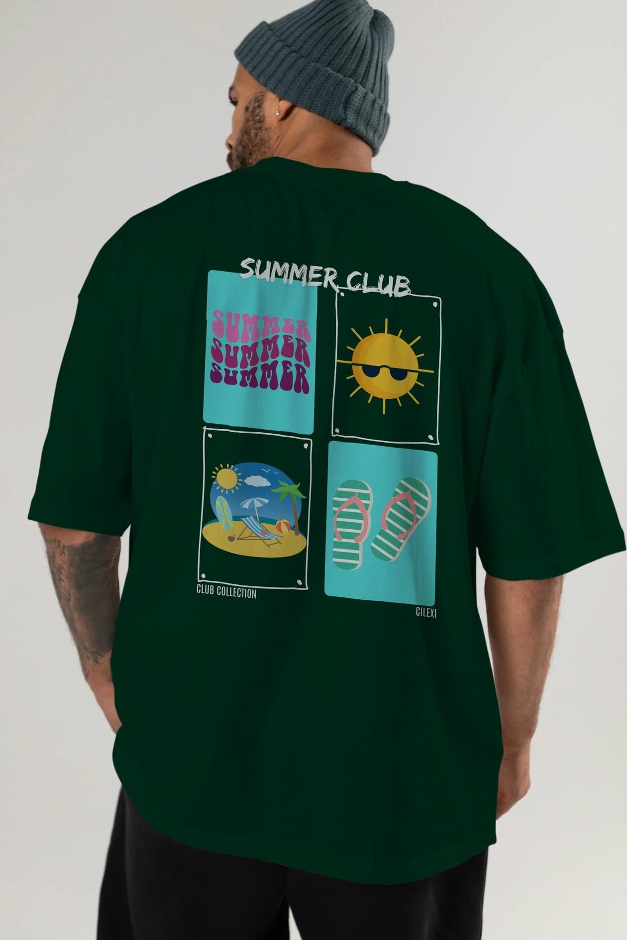 Summer Club Arka Baskılı Oversize t-shirt Erkek Kadın %100 Pamuk Bisiklet Yaka tişort