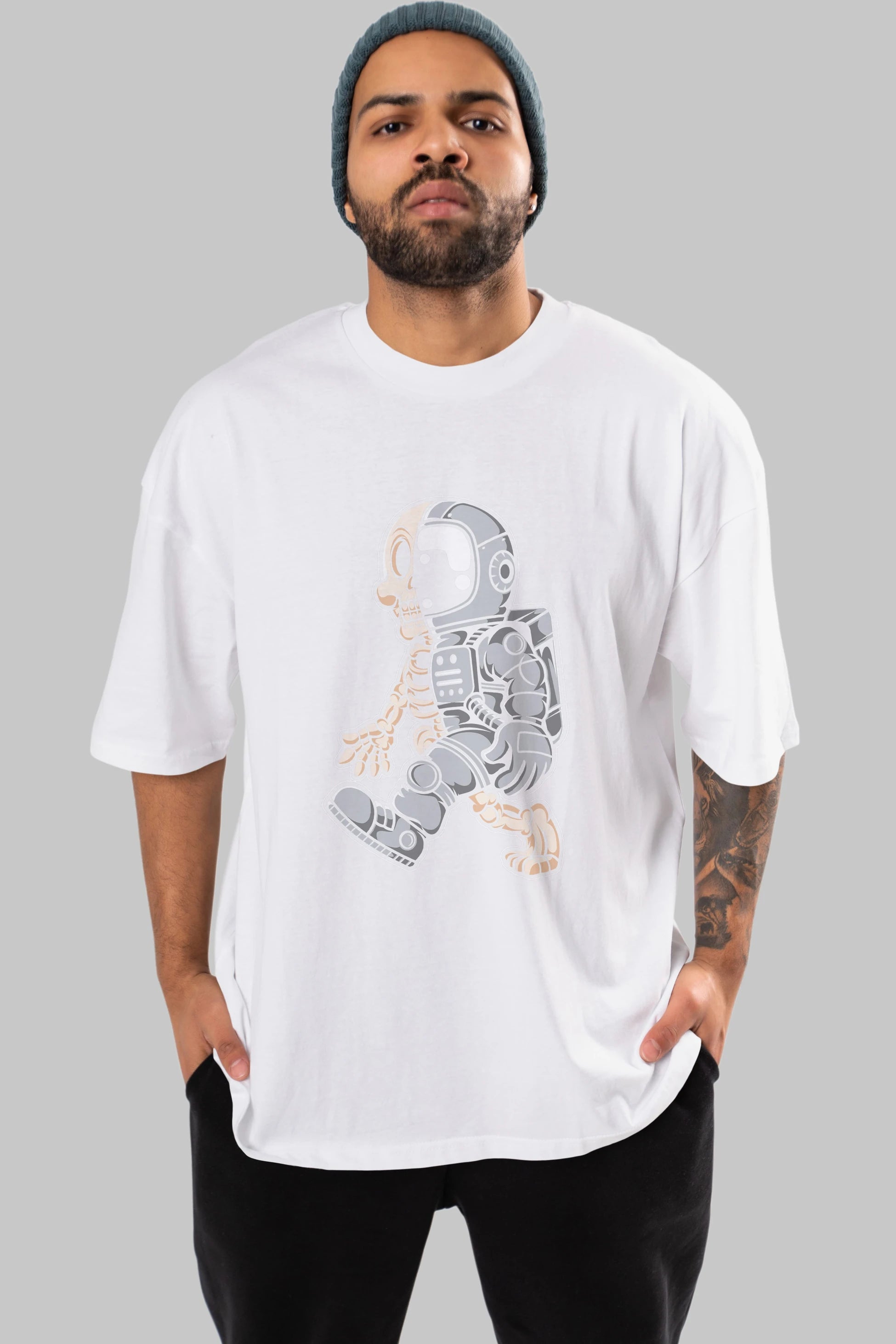 Astronaut Half Skull Ön Baskılı Oversize t-shirt Erkek Kadın Unisex