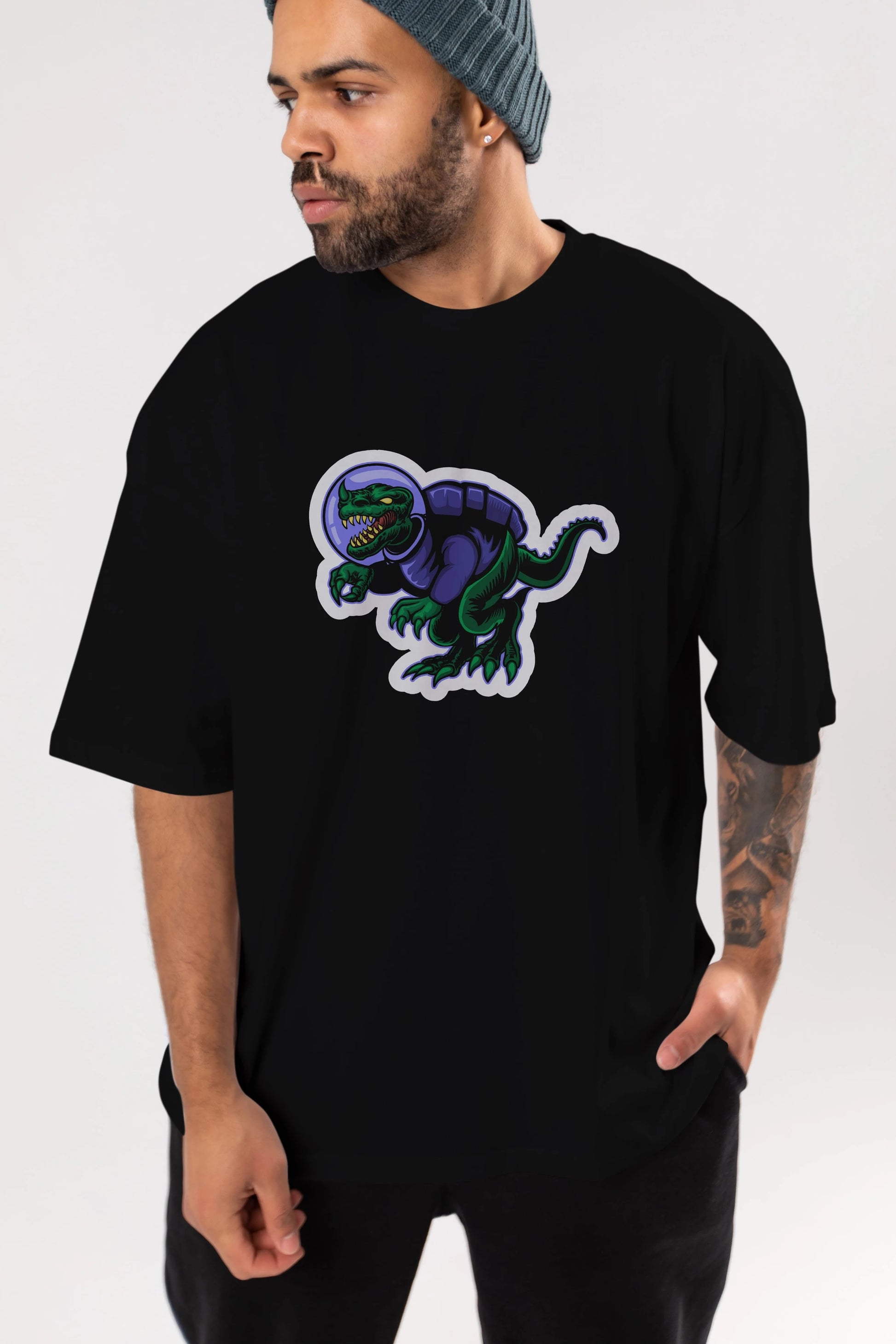 Space Dino Sticker Ön Baskılı Oversize t-shirt Erkek Kadın Unisex