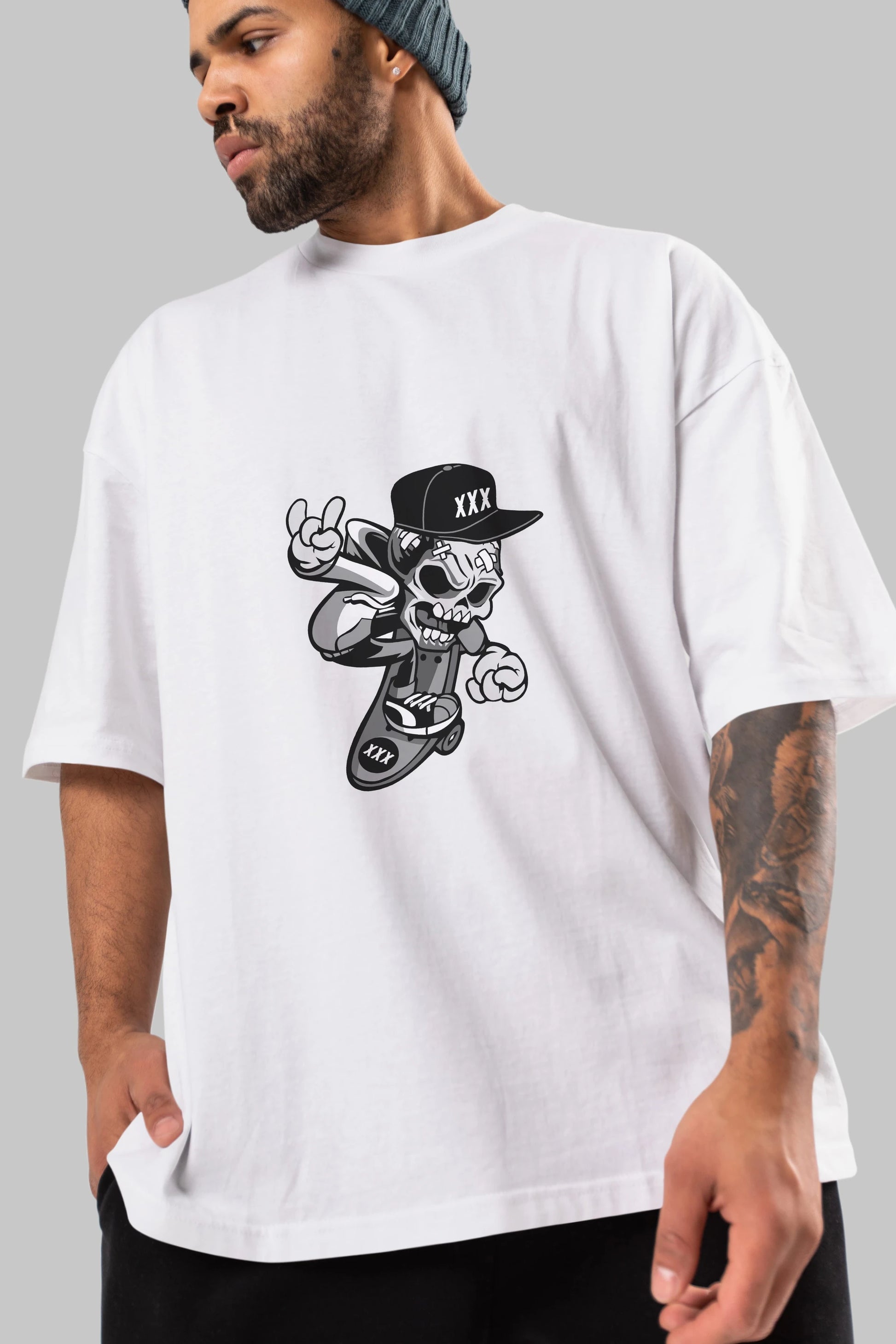 Skull Skateboard Ön Baskılı Oversize t-shirt Erkek Kadın Unisex %100 Pamuk tişort